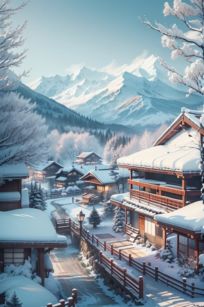 (Best Quality, 8K, masutepiece :1.3), snow mountains, Quiet snow-capped landscape, Breathtaking natural landscapes, Outside, traditional japanese building, quiet mountain resort, A quiet winter wonderland, Snow-covered peaks, Majestic beauty, pristine white snow,
