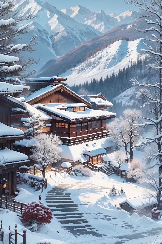 (Best Quality, 8K, masutepiece :1.3), snow mountains, Quiet snow-capped landscape, Breathtaking natural landscapes, Outside, traditional japanese building, quiet mountain resort, A quiet winter wonderland, Snow-covered peaks, Majestic beauty, pristine white snow,