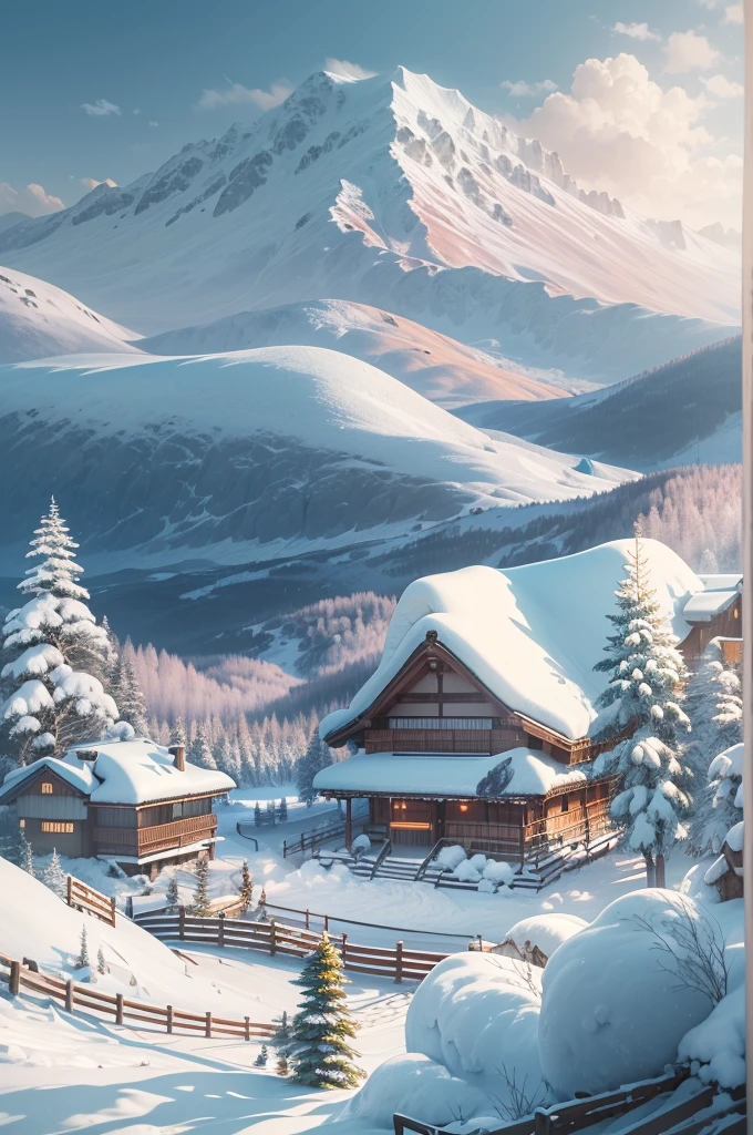 (Best Quality, 8K, masutepiece :1.3), snow mountains, Quiet snow-capped landscape, Breathtaking natural landscapes, Outside, traditional japanese building, quiet mountain resort, A quiet winter wonderland, Snow-covered peaks, Majestic beauty, pristine white snow,