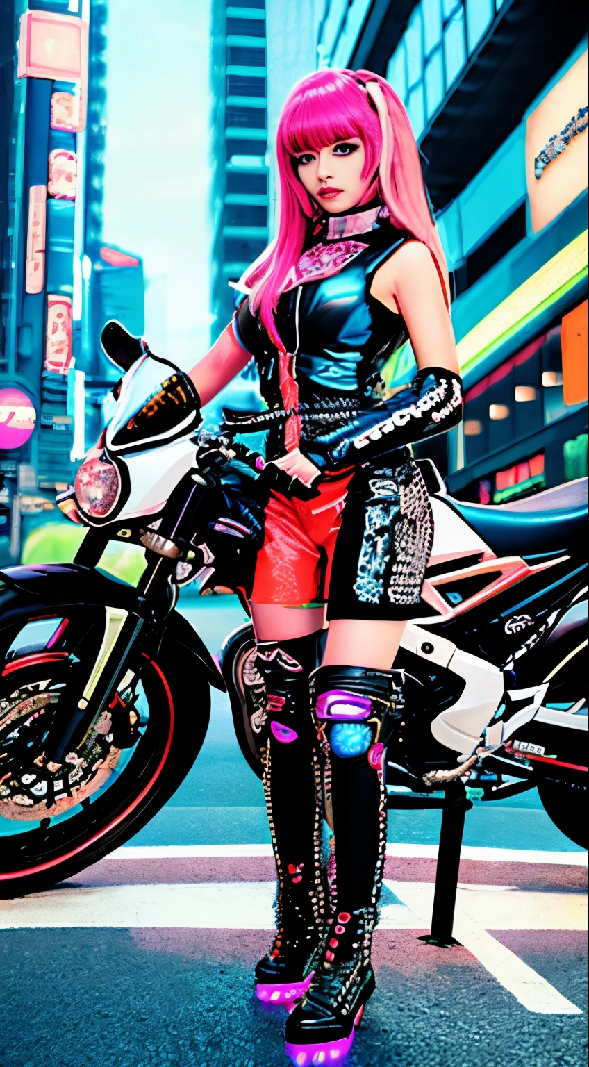 masterpiece, best quality, Confident cyberpunk girl, full body shot, ((standing in front of motorcycle)), Harajuku-inspired pop outfit, bold colors and patterns, eye-catching accessories, trendy and innovative hairstyle, vibrant makeup, Cyberpunk dazzling cityscape, skyscrapers, neon signs, LED lights, bright and vivid color scheme, anime, illustration, detailed skin texture, detailed cloth texture, beautiful detailed face, intricate details, ultra detailed.