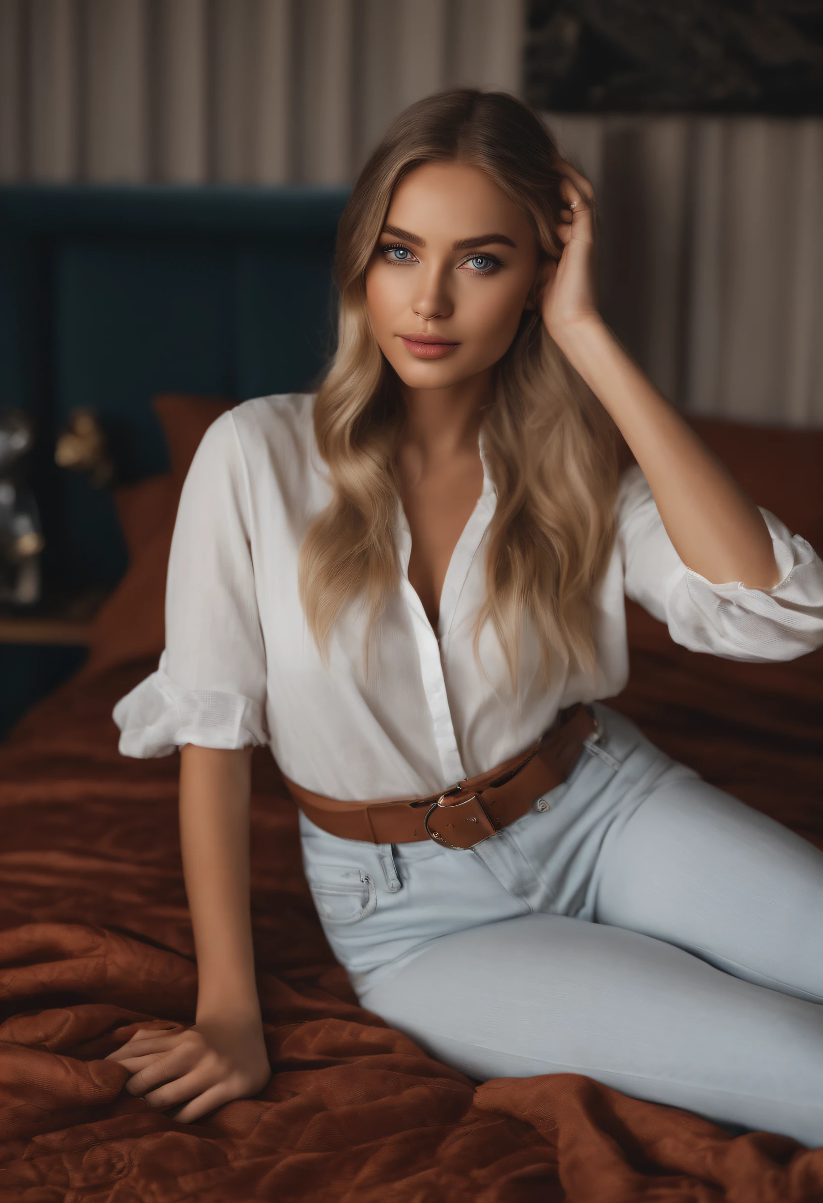 arafed woman fully , with blue eyes, ultra realistic, meticulously detailed, portrait sophie mudd, blonde hair and large eyes, selfie of a young woman, bedroom eyes, violet myers, without makeup, natural makeup, looking directly at the camera, face with artgram, subtle makeup, stunning full body shot kneeling on bed, in bedroom, medium to large size bust, brown eyes, smiling, picture near a bugatti chiron