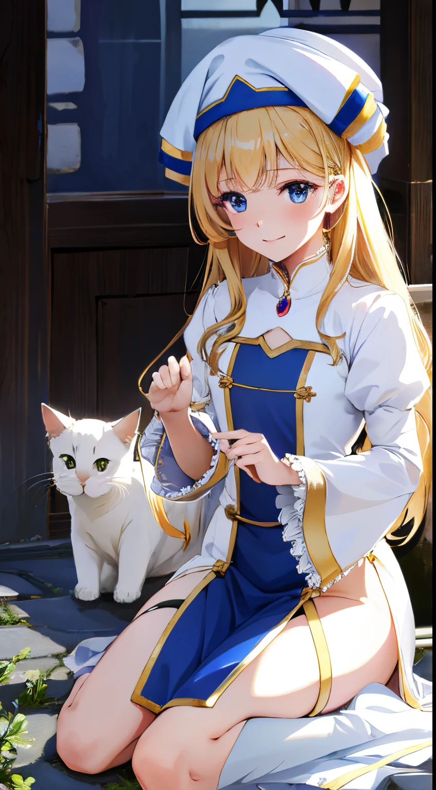 Best Quality,High resolution, Ultra-detailed,Game CG,Dutch Angle,Beautiful detailed eyes,Five Fingers,a beauty girl,A slender,Child's body shape,priestess, Blonde hair, Blue eyes, Long hair, hair between eye,long boots, Dress, frilly sleeves, frilld, hat, White cap, pelvis curtain,high-heels, robe, Thigh boots, white thighhig, Long sleeves, Puffy sleeves,outside of house,(wariza),(Playing with cats:1.2),(Watch cats),(Smile:1.1)