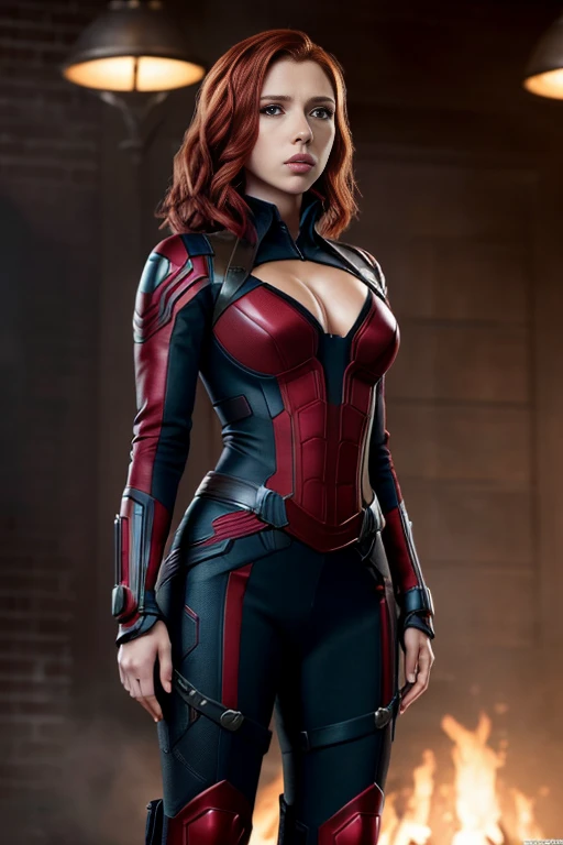 (masterpiece), (best quality), (photorealistic:1.3), 8k, detailed skin texture, detailed cloth texture, beautiful detailed face, intricate details, ultra detailed, scarlett johansson, Black Widow in the style of the Captain America, straight red hair, (full-length body:1.2)