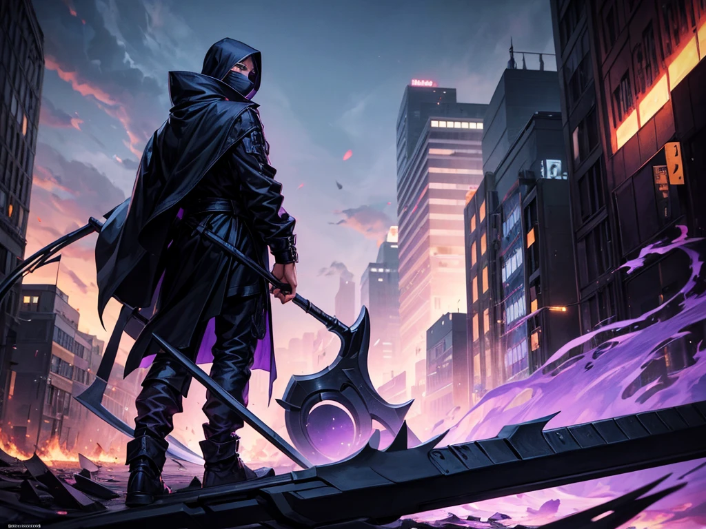 Full body view, illustration of a boy with a black mask covering his face and a scythe in his back leaning to the background. high detailed lit urban city street environment burning in an elegant purple flame. the hair of the boy is visible. a clean illustration