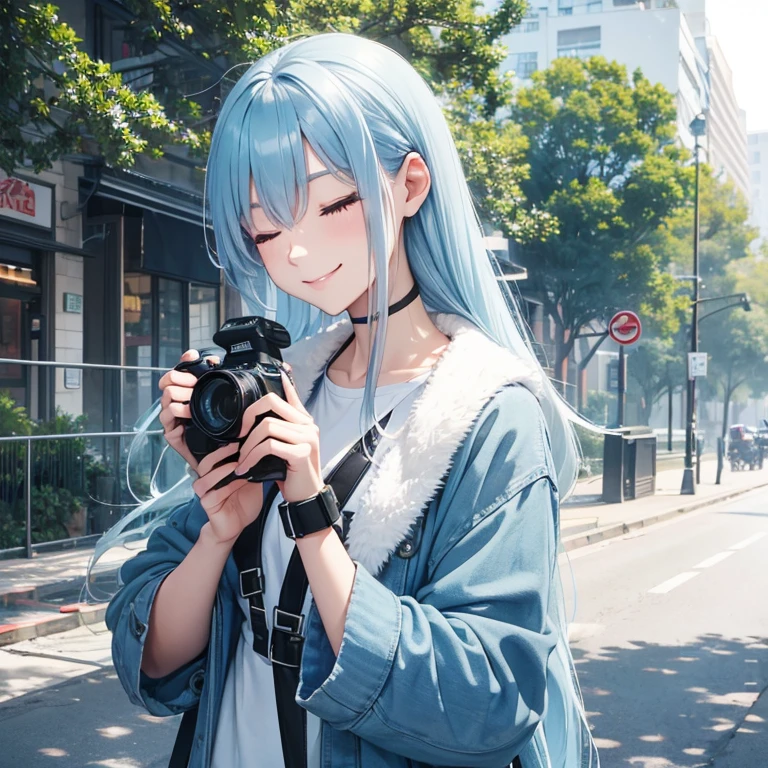 ( best quality, highres) misty, sidestreet, park, smiling, closing eyes, long blue hair, holding camera, park background, cloudy morning
