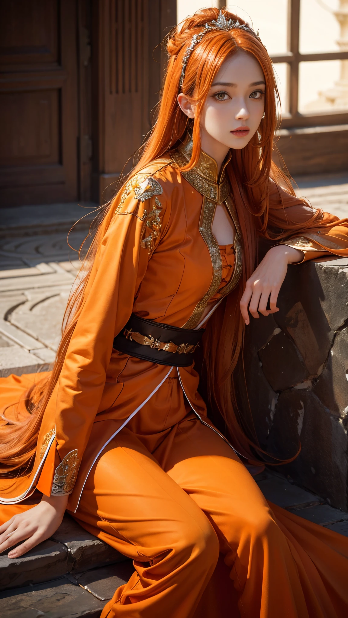 model shoot, (1 girl), long hair, orange hair, Islamic warrior, orange outfit, laces, shining:1.5, hyper realistic, super detailed, Dynamic shot, masterpiece, scene sharp détails, perfect eyes, perfect skin, sitting,