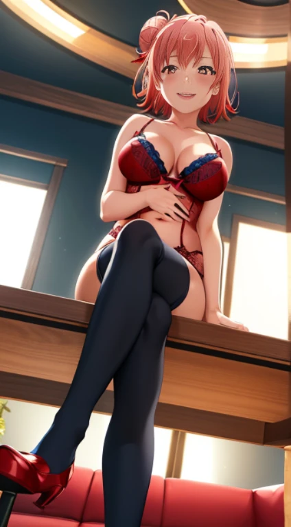 masutepiece, High quality, Best Quality, High resolution, 4K, High Definition, Beautiful lighting,1girl in, Short hair, Pink hair, Pink eyes, Yui, Hair bun, ((wide smile face)), japanes、red blush, full pose, 2d, masterpiece, best quality, anime, full body, full pose, highly detailed, cowboy shot, 1girl, solo, blue eyelack, ((red lingerie:1.4)), medium breasts, ((crossed legs)), ((sitting on table:1.4)), ((hands on chest:1.4)), ((thighhighs)), ((show feets:1.4)), ((Sky from below:1.4)), ((full body)), ((black heels)), ((living room background:1.4)),