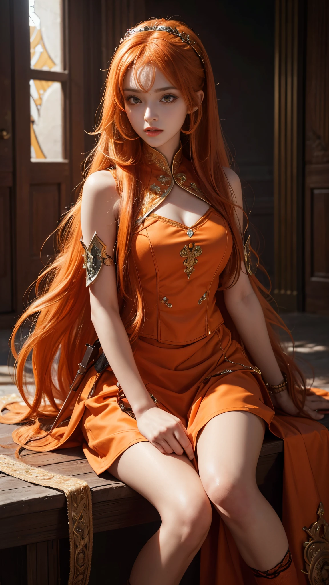 model shoot, (1 girl), long hair, orange hair, Islamic warrior, orange outfit, laces, shining:1.5, hyper realistic, super detailed, Dynamic shot, masterpiece, scene sharp détails, perfect eyes, perfect skin, perfect hands, attractive pose,
