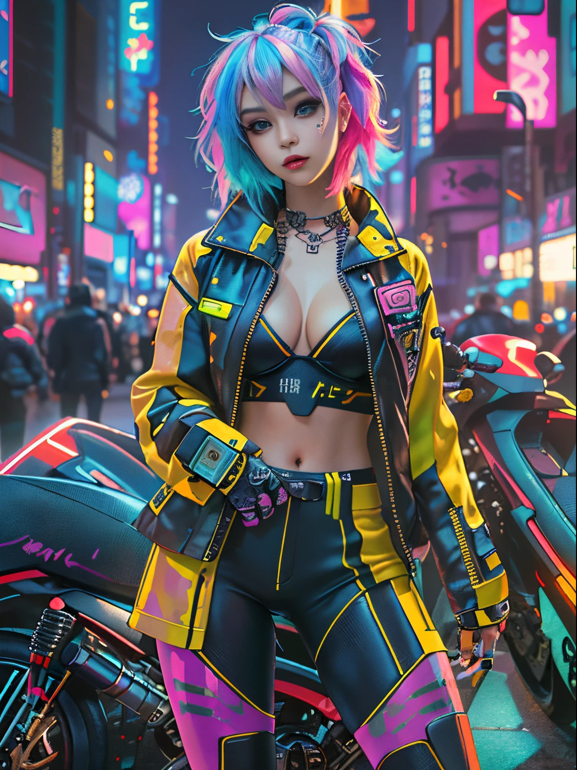 Masterpiece, Best quality, Confident cyberpunk girl, Full body shot, ((Stand in front of the motorcycle)), Popular costumes in Harajuku style, Bold colors and patterns, Eye-catching accessories, Trendy and innovative hairstyle, Vibrant makeup, Cyberpunk's dazzling cityscape, skyscrapper, Neon signs, LED lights, Bright and vivid color scheme, anime big breast, illustration, Detailed skin texture, Detailed cloth texture, Beautiful detailed face, Intricate details, Ultra detailed.