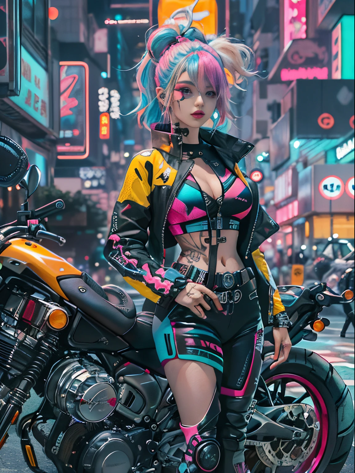 Masterpiece, Best quality, Confident cyberpunk girl, Full body shot, ((Stand in front of the motorcycle)), Popular costumes in Harajuku style, Bold colors and patterns, Eye-catching accessories, Trendy and innovative hairstyle, Vibrant makeup, Cyberpunk's dazzling cityscape, skyscrapper, Neon signs, LED lights, Bright and vivid color scheme, anime big breast, illustration, Detailed skin texture, Detailed cloth texture, Beautiful detailed face, Intricate details, Ultra detailed.