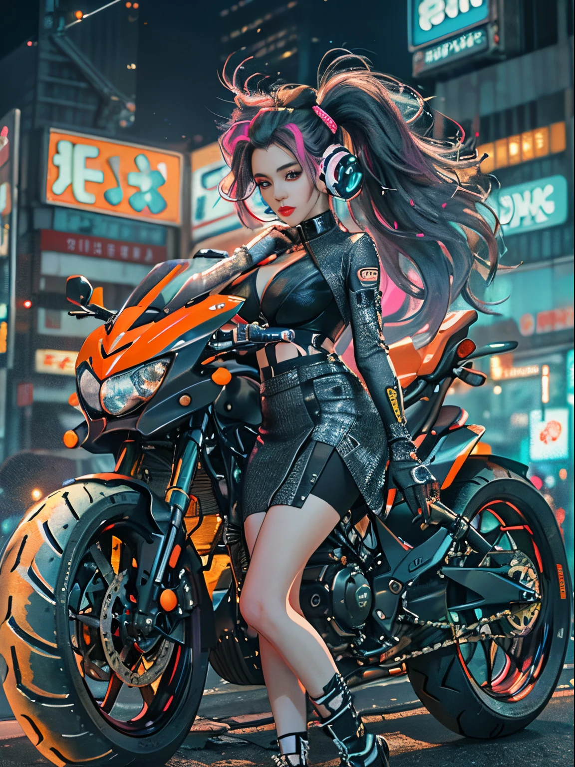 Masterpiece, Best quality, Confident cyberpunk girl, Full body shot, ((Stand in front of the motorcycle)), Popular costumes in Harajuku style, Bold colors and patterns, Eye-catching accessories, Trendy and innovative hairstyle, Vibrant makeup, Cyberpunk's dazzling cityscape, skyscrapper, Neon signs, LED lights, Bright and vivid color scheme, anime big breast, illustration, Detailed skin texture, Detailed cloth texture, Beautiful detailed face, Intricate details, Ultra detailed.