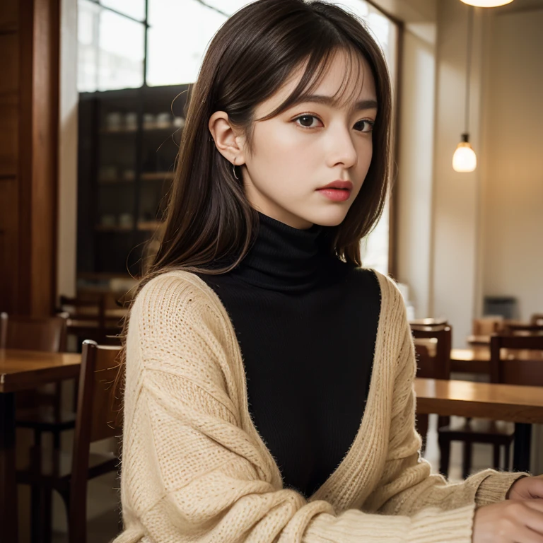 1girl in,  brown_Eyes, brown_Haar, Cross_earrings, 耳环, jewely, s lips, Red Turtleneck Sweater,long black skirts,Skirt with slits,Pearl Necklace,Shorthair, I&#39;m at a French cafe,fully body photo,cafes,delicious strawberry cake,eating cakes,It looks delicious,There is a cafe latte,On the desk,up looking_で_viewer, plein air, Yuki, Yuki, 独奏, The tree, 上半身_Body, Winters, Winters_Clothes, Detailed_Eyes,big, full chest and arms、Point your chest at the camera、Colossal tits、Put your ears out、The face of the golden ratio、The body of the golden ratio、top-quality、The ultra -The high-definition、bangss，A little further away，full body Esbian，long boots
