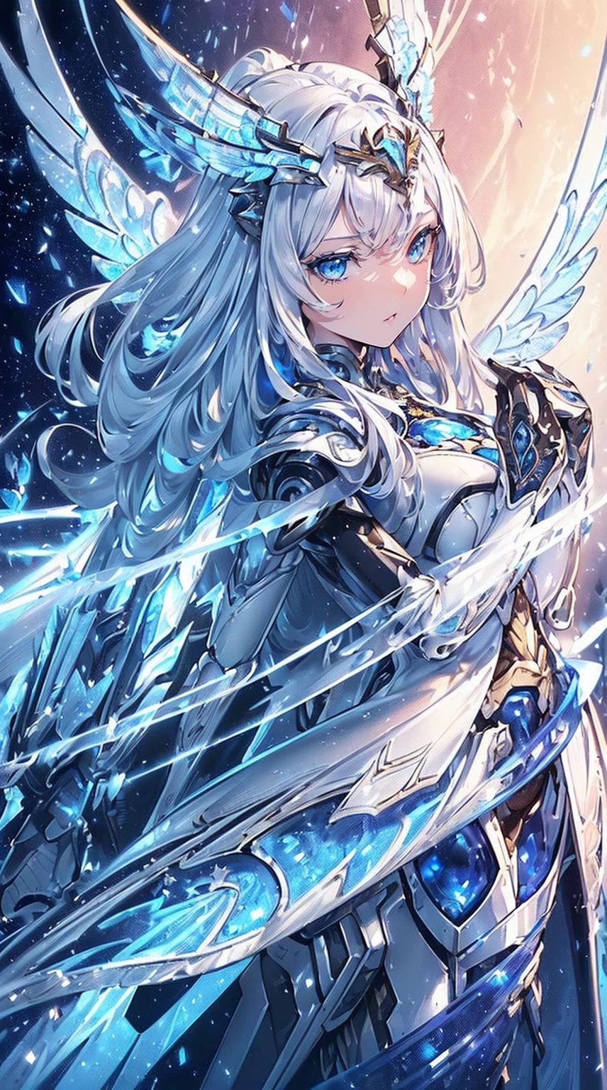 (((masterpiece))), (((highest quality))), ((ultra-detailed)), ((super fine illustration)), ((ultra-fine painting)), (Highly detailed and delicate illustration style:1.8), detailed skin texture, detailed metal texture, extreme detailed description, (T-masterpiece), (highly detailed face:1.2), (highly detailed silver hair:1.2), (highly detailed blue eyes:1.2), (highly detailed white wings:1.2), original, raw photo, professional, Intricate details, super details, intricate ornament details, (perfect anatomy:1.2), (perfect hands:1.2), (perfect fingers:1.2), (american shot:1.6), (sexy), (sexy), real, (Solo:1.5), (A beautiful and cool female marshal with beautiful silver hair and blue eyes dressed as a mechanical angel) BRAKE (Beautifully shaped small breasts), (Beautifully shaped small buttocks), (Beautiful and shiny highly detailed and delicate silver hair:1.4), (Beautiful clear and highly detailed blue eyes:1.6), (beautiful hands and fingertips:1.2) BRAKE ((mecha:1.4))Smooth and menacing design, (Highly detailed and delicate large white symmetrical mechanical wings:1.3)Smooth and menacing design, (Highly detailed, sophisticated and highly longsword exclusively for female marshals in sapphire blue:1.3), (Highly detailed and delicate highly versatile standard mechanical armor that shines in sapphire blue and white exclusively for the female Marshal:1.3), (Symmetrical Wings:1.6) BRAKE concept-art, (battle pose), (Detailed Science Fantasy Art:1.2), (Highly detailed attack pose) BRAKE (Highly detailed and delicate starry sky:1.1), (other world), (no robot:1.4), (Geometric patterns), (colorful confetti:1.15)), (8K highest quality wallpaper:1.4), (Highly detailed and delicate background:1.2) BRAKE (NSFW) BRAKE