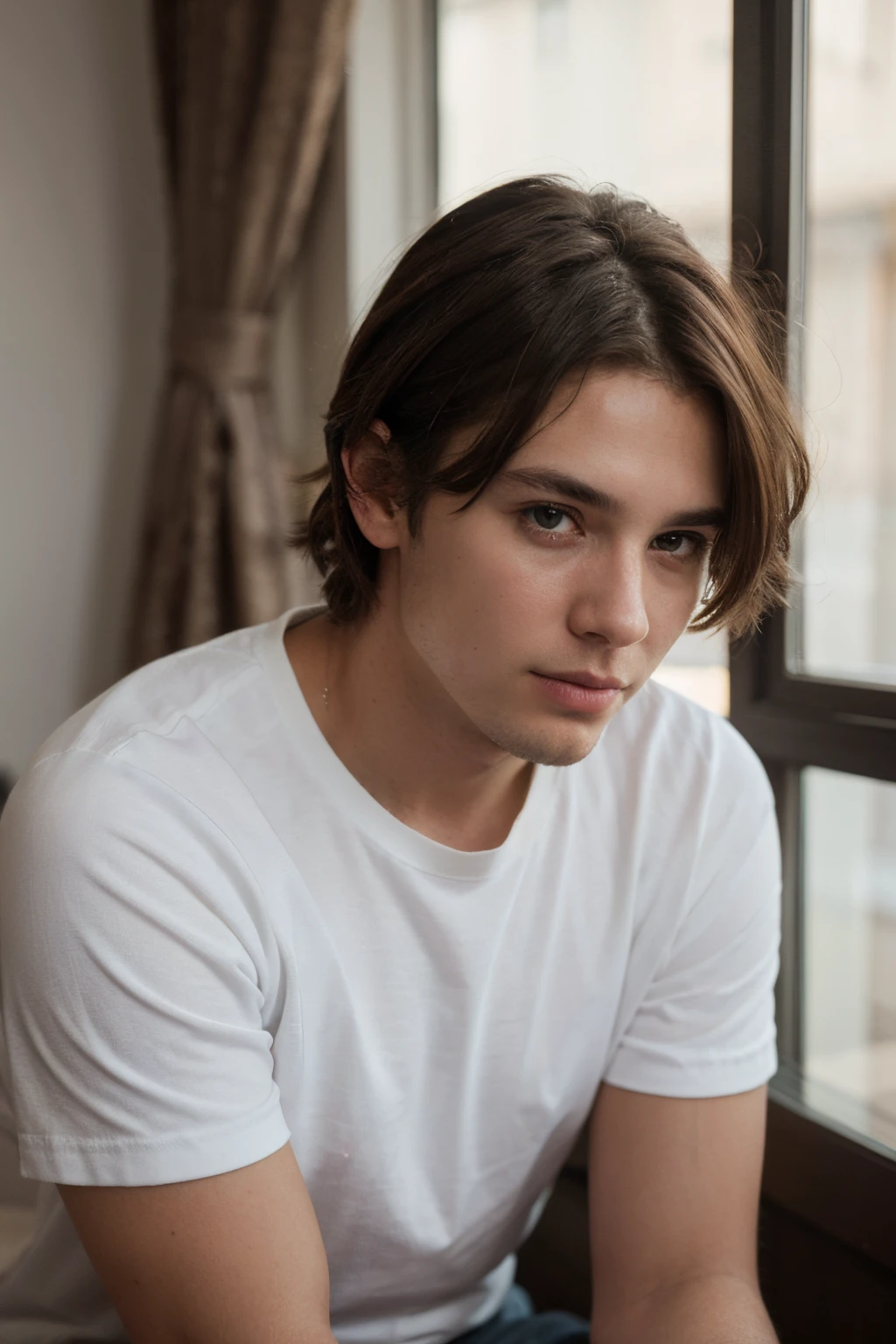 ((best quality)), ((master part)), (circunstanciado), rosto perfeito
realistic photo young boy 37 years old with shaved wavy brown hair
in white t-shirt