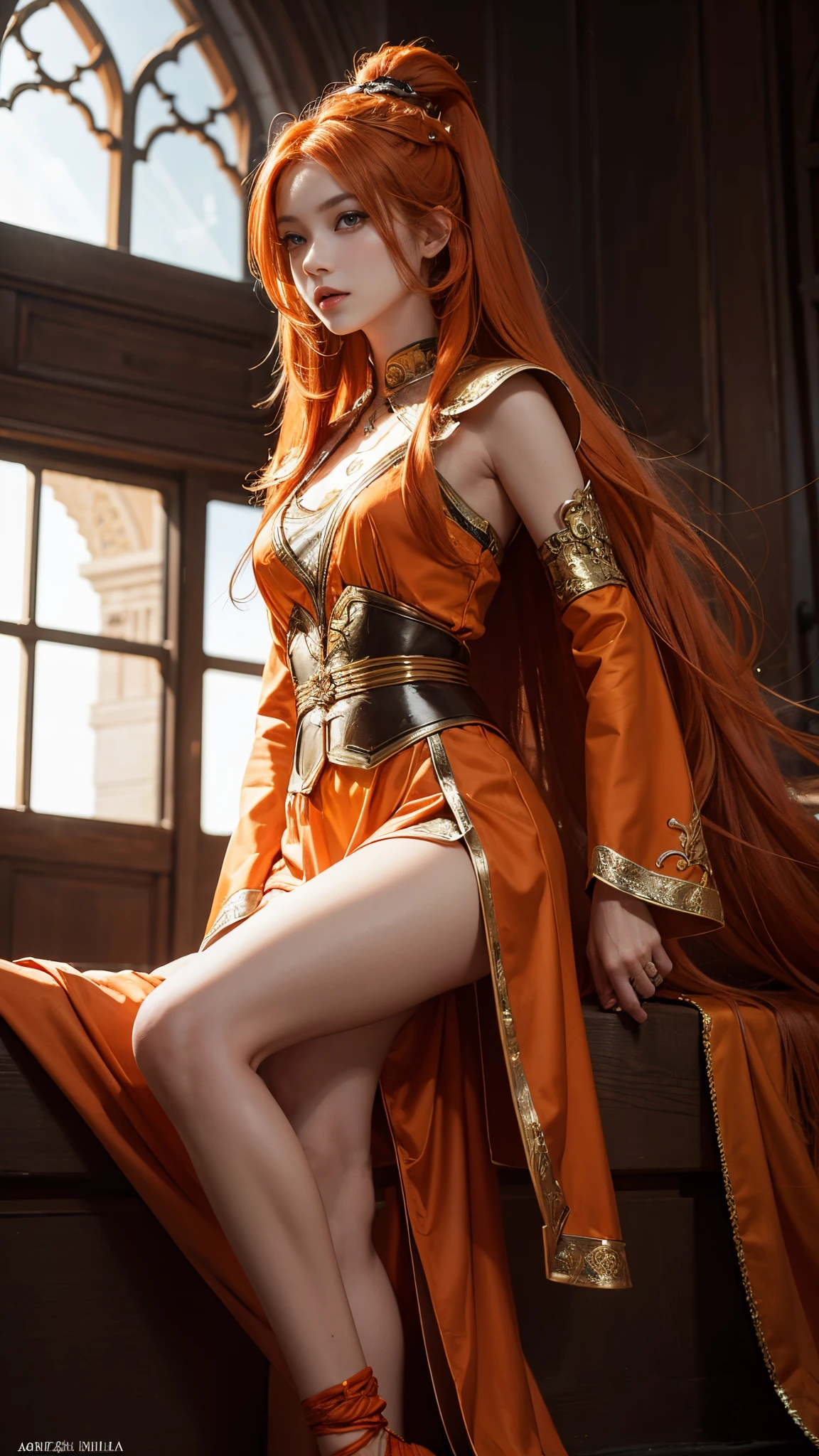 model shoot, (1 girl), long hair, orange hair, Islamic warrior, orange outfit, laces, shining:1.5, hyper realistic, super detailed, Dynamic shot, masterpiece, scene sharp détails, perfect eyes, perfect skin, sitting,