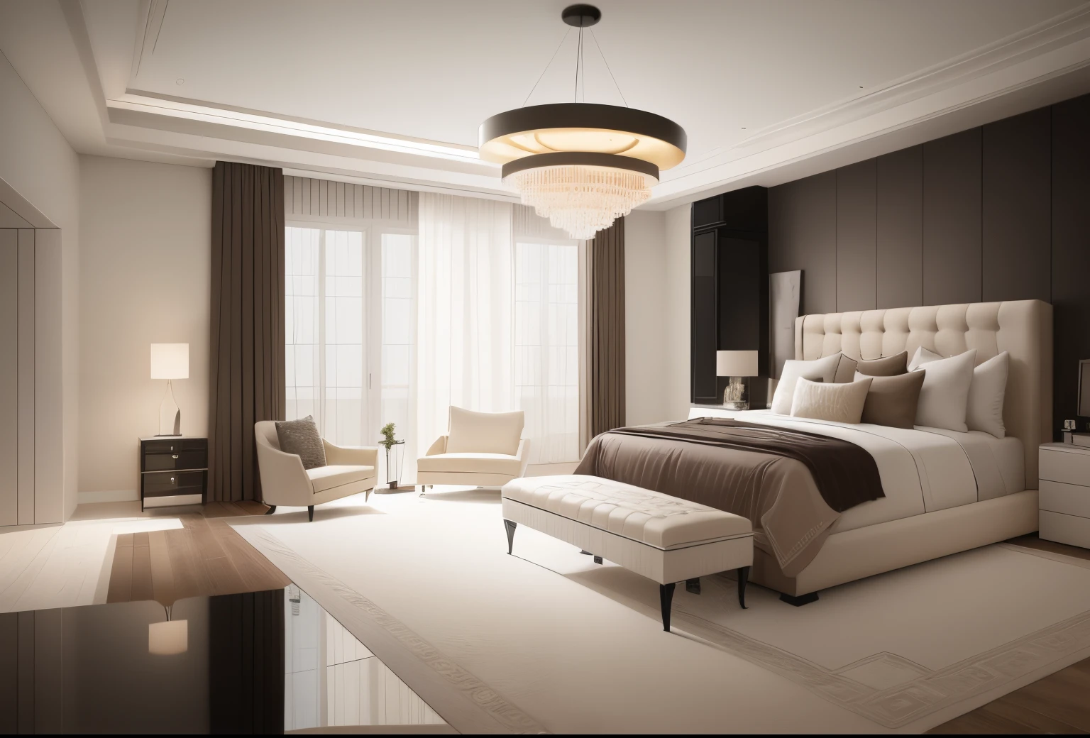 Quarto com uma cama grande e um lustre no meio, elegante e refinado, ambiente luxuoso, ambiente sereno do quarto, Detalhe requintado, Obra-prima atemporal, belo suntuoso, elegante e gracioso, Obra-prima aclamada, creme - quarto colorido, obra-prima premiada, magnificent design, dentro de um quarto, minimalismo elegante, luxury hd render, Luxury furniture
