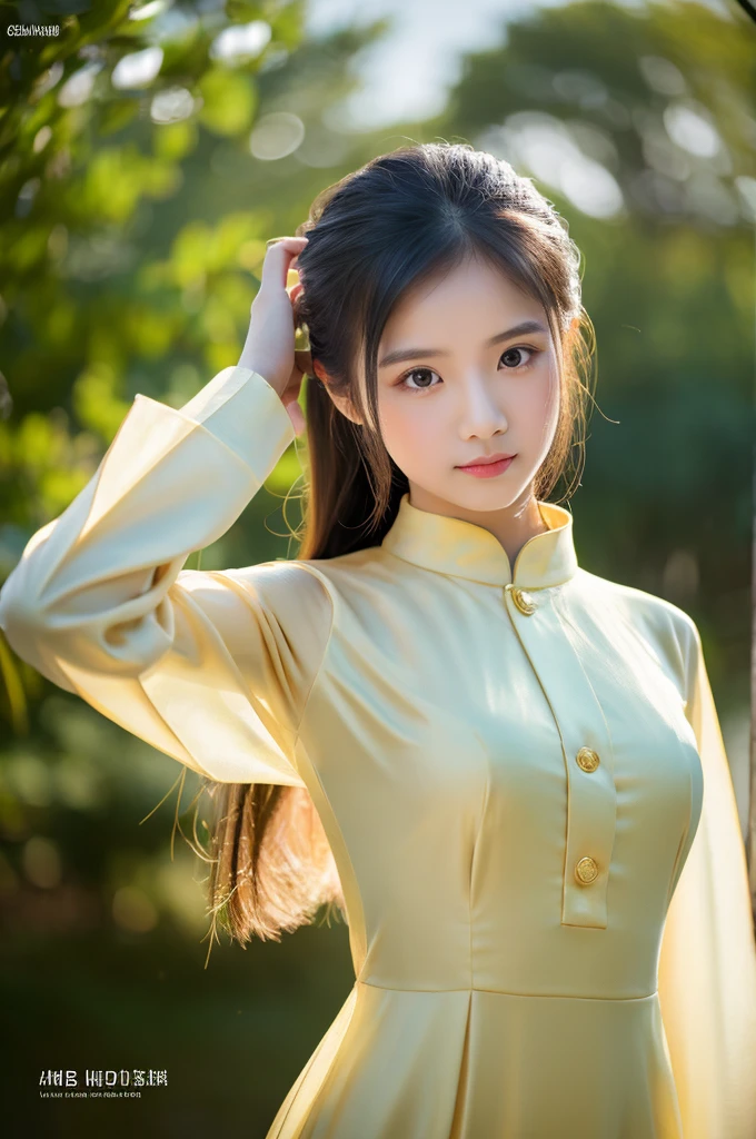 golden ao dai, ao dai, vietnamese girl, vietnam, vietnamese, satin, pretty girl, emotion , long hair, Realistic lighting, delicate face, big double eyelids, Sexy expression, Body perfect anatomy,Top Quality, 8K Resolution , full body , realistic , real human , High quality, shiny ao dai , realistic , Cinematic, Aesthetic , satin aodai, young girl