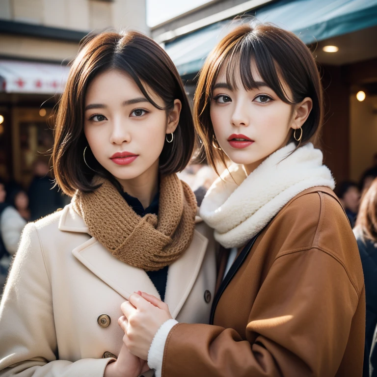 1girl in, brown_Eyes, brown_Haar, coat, Cross_earrings, 耳环, furred, fur-trim_coat, furr_Collar, furr_scarf, furr_trim, jewely, s lips, Shorthair, Fashionable city,fashionable cafe,fully body photo,eating cakes,The cake looks delicious,There are many cakes,up looking_で_viewer, plein air, Yuki, Yuki, 独奏, The tree, 上半身_Body, Winters, Winters_Clothes, Detailed_Eyes,big, full chest and arms、Point your chest at the camera、Colossal tits、Put your ears out、The face of the golden ratio、The body of the golden ratio、top-quality、The ultra -The high-definition、bangss,Photograph the whole body,full body Esbian,long boots