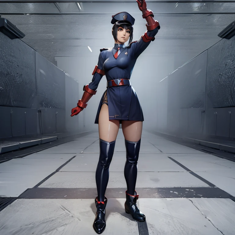 ultra-detailed, Explicit, Beautiful body, Beautiful Nose, Beautiful character design, perfect eyes, perfect face, ultra highres, 4K, beautiful legs, perfect legs, Nice hands, Perfect hand, Masterpiece, Best Quality, Highly detailed, illustration, absurdres, street fighter, doll suit, shadaloo doll, dollsuit, girls, multiple girls, expressionless, blank eyes, looking at viewer, red gloves, emotionless, black latex, corrution, mind control, female combatant, full body, hypnotized, unhappy trance, full body suit, ribbed bodysuit, both arms at side, stand up straight, obey, perfect female body, extremely glossy latex, hypnosis, hypnoLora, empty eyes, Mind control device, poses, submissive_pose, Slave, hat, necktie, stand up straight, standing, standing at attention, Slave, hat, necktie, belt, extending the right arm from the shoulder into the air with a straightened hand, nazi saluting, military, military saluting, salute, latex, Skirt, tight miniskirt, tight high, black hair, ponytail, grey eyes, himiko, Warriors Orochi