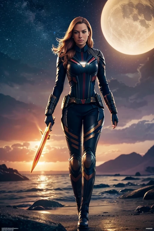 Yvonne Strahovski as Natasha Romanoff from the Marvel universe, super detailed, super detailed costume, high-quality face study, on an alien planet, bright lighting, contrasting lighting, water, three moons in the sky, sunny day, full body, super quality for competition, (perfect body: 1.1), (short wavy hair: 1.2), whole body, random pose, beautiful pose, (extremely delicate and beautiful), (masterpiece), (best quality:  1.0), (Ultra High Resolution: 1.0), Beautiful Lighting, Perfect Lighting, [High Resolution], Detailed Skin, Super Detailed (((Colorful))), Digital Art, Full Body Concept Art, High Detail Expert Concept Art, Concept Art, Video Game Concept Art, 8k