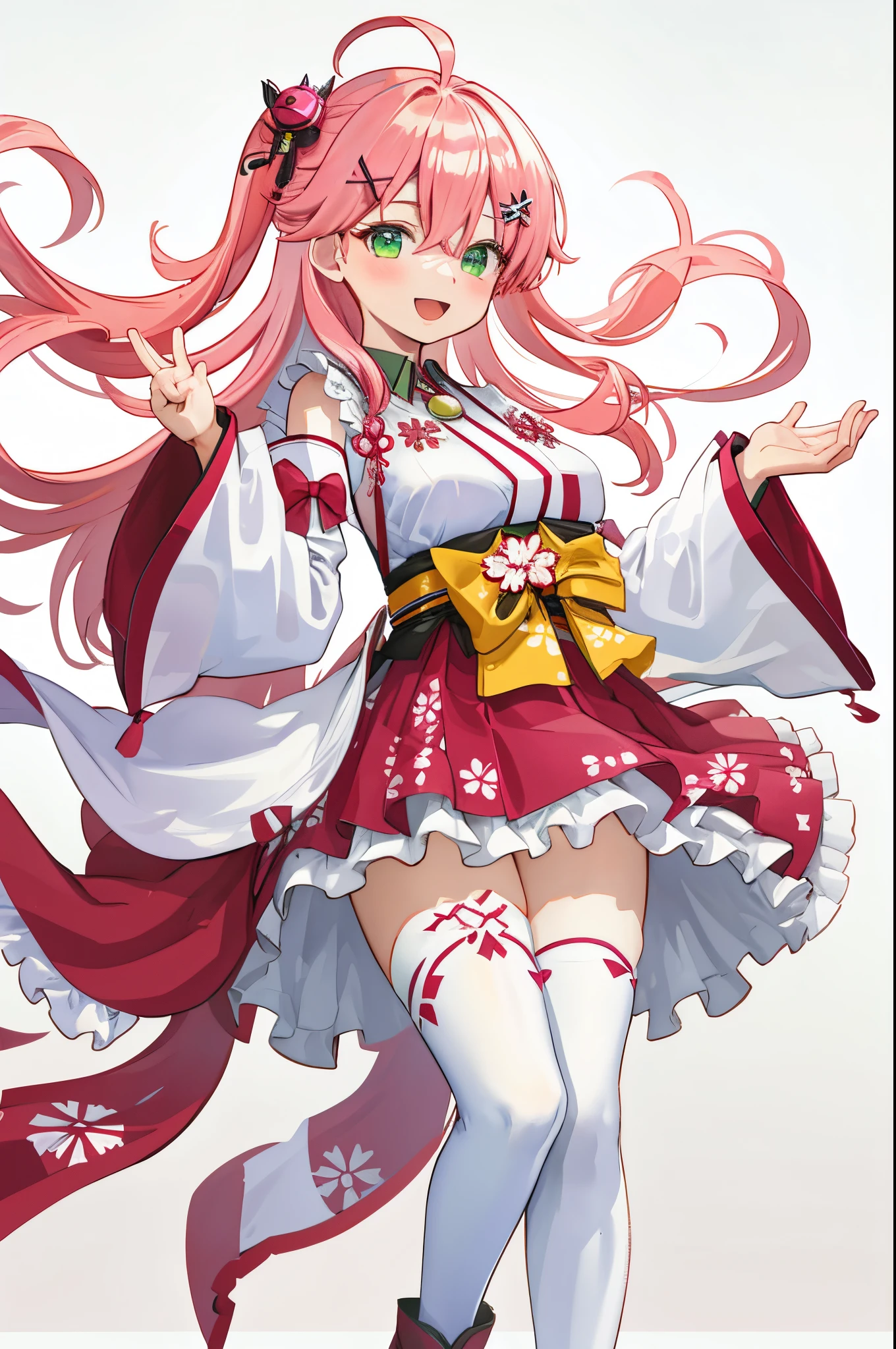 masterpiece, best quality, highres, sakura_miko, 1girl, (loli:1.3),medium_breasts, kimono, solo, ahoge, x_hair_ornament, pink_hair, floral print, hairclip,(side_less_clothes:1.3), (side_breasts:1.3), hair_bell, floral print, long_hair, hair between eyes, one side up, white_thighhighs, wide sleeves, open_mouth,(happy:1.3),green_eyes,smile,apart_legs,(overly_long_sleeves:1.3),),sleeves_past_wrists,hands_hidden_sleeves,sidelock_clothes,solo,hidden_wrists,(XD:1.5),covered_nipples,sunlight,(bare_flank:1.3),boots,open_mouth,kimono,