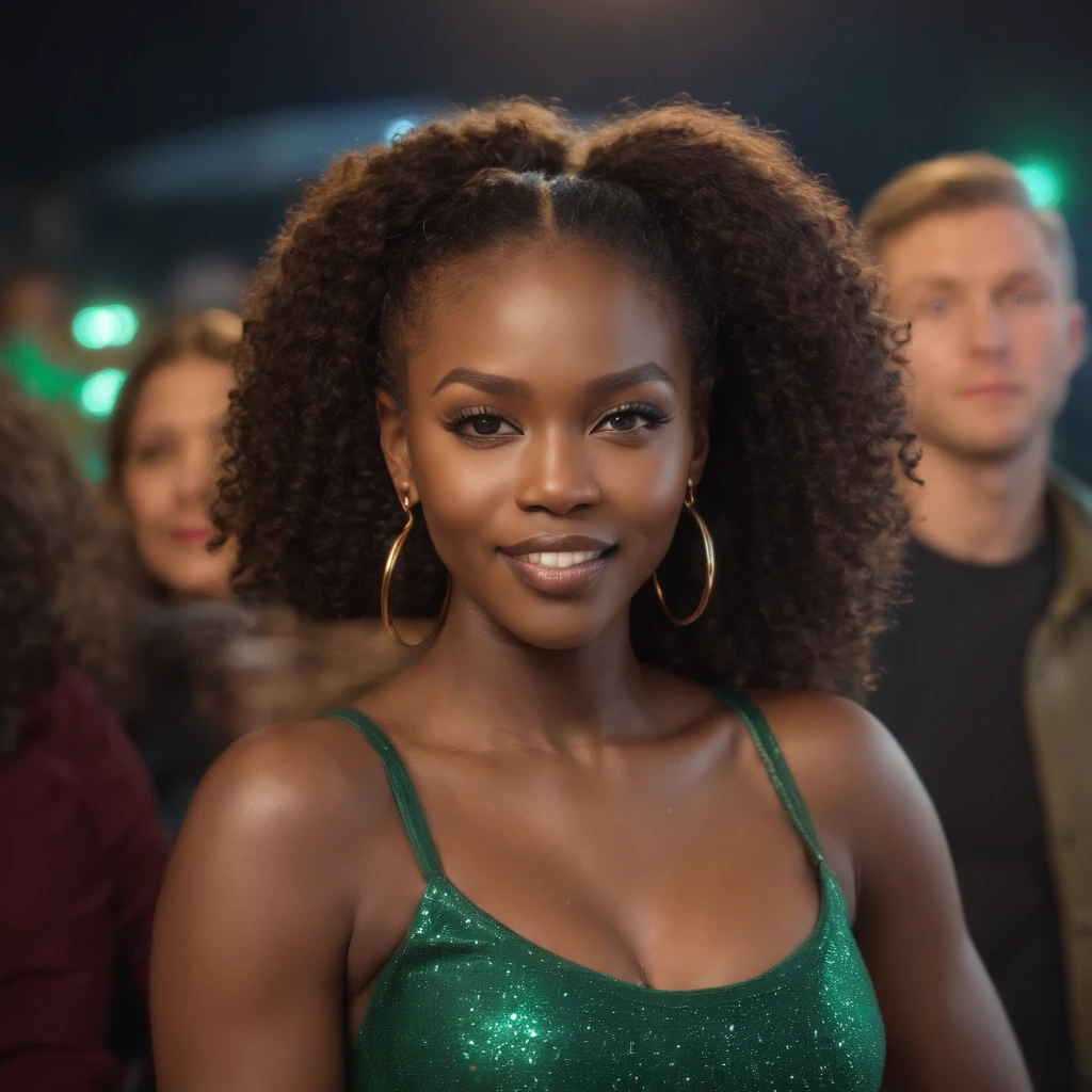 ((Dark African skin, Very deep ebony skin)), ((Its beauty undeniable)), ((Excited cute face)), ((Hyper detailed perfect eyes,)), ((pose mignonne)), ((Langue sortie)), ((Seductive )), sexy, ((dark green sweater, jeans)), ((Afro ponytail with long African curly hair,)), (( peau)), ((debout, vue de face)), ((toucher ses propres jambes dans une pose sexy)), ((The Hague, winter, cold, party, club, Ville publique, people in the background, disco lights)), Sharp Focus CGI, photoreallistic, High detail, Realstic, Masterpiece, absurdes, Best quality, Hdr, High quality, high-definition, Extremely detailed, 8k wallpaper, Intricate details, 8K UHD, Full-HD, (photo realist:1.2), contraste, intense illumination, lighting cinematic, natural lighting, veilleuse, Nuit, Illumination globale, Laughing out loud, a la piscine African women、Female sexy、people, the hague