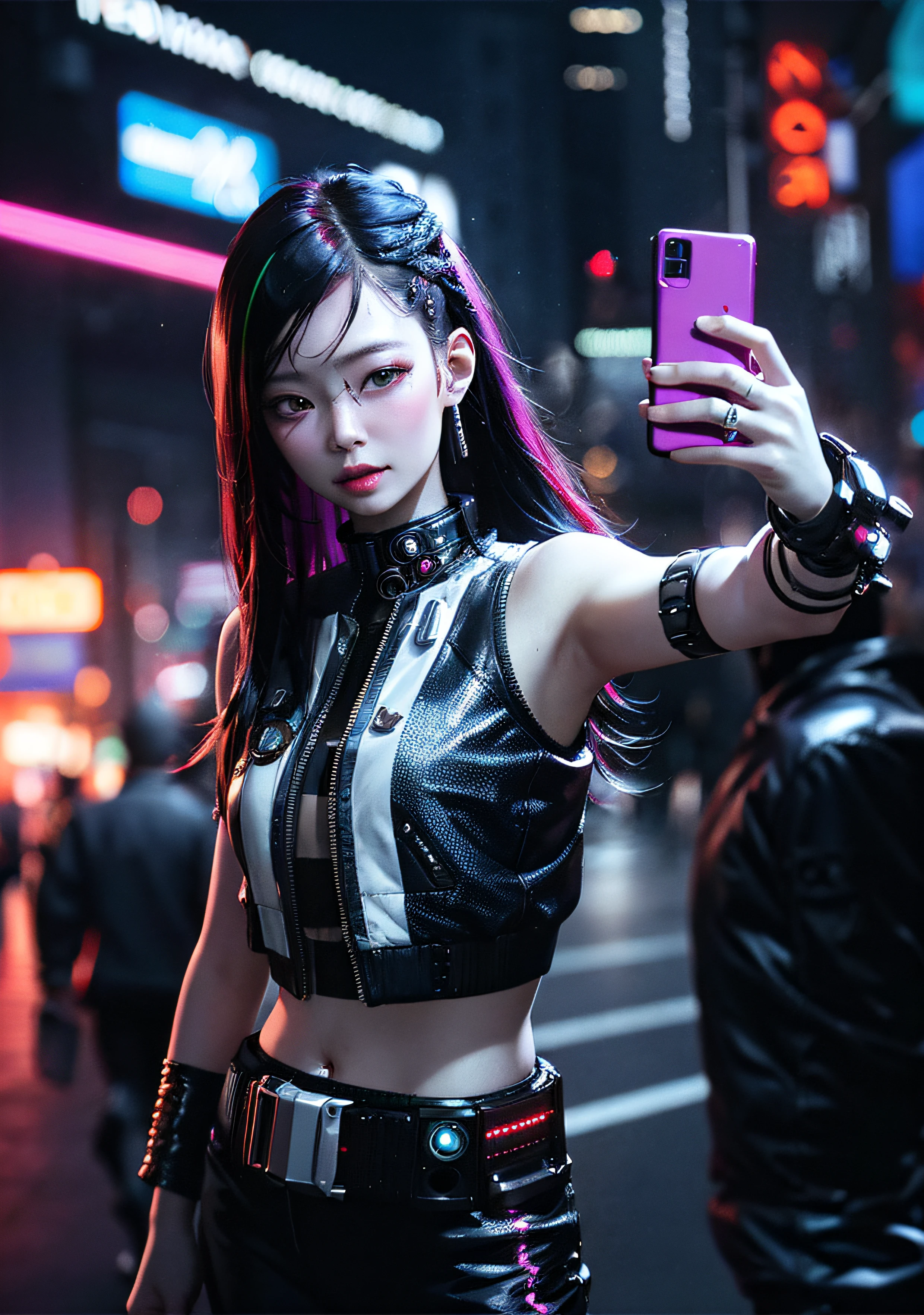 analog style, model shoot style, photo ((selfie:1.8)) of a girl, 1girl, (cyberpunk:1.8, cyberpunk city background:1.8), ((cutest face: 1.8, perfect face:1.3)), (long multicolored hair:1.4, pale skin:1.5),
(from above:1.2), best quality, epic (by lee jeffries photo, sony a7, 50 mm, pores:1.5, colors, hyperdetailed:1.5, film grain:1.4,
hyperrealistic: 1.5), hyper-realistic lifelike texture, masterpiece, unreal engine 5, Extremely detailed CG unity 8k wallpaper,
Madly detailed photo, hyper-realistic light, (Winner of the Pulitzer Prize for Photography and Taylor Wessing Photographic Prize) Jennie Kim,