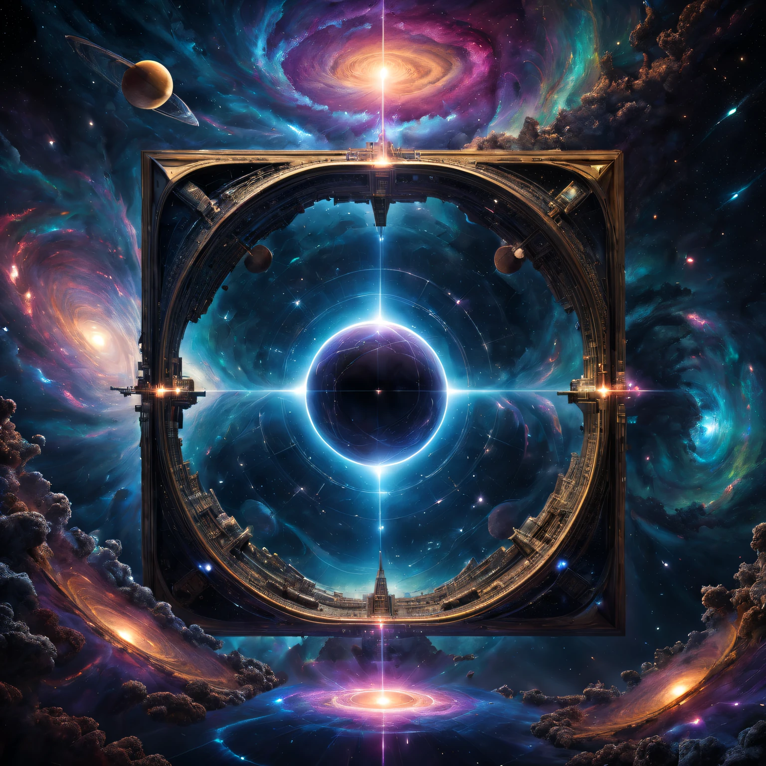 A parallel universe with a hypercube with mass proportional to the universe, 4K, A high resolution, tmasterpiece:1.2), ultra - detailed, (actual,realisticlying,Photorealistic:1.37), A futuristic, glowing, Iridescent, multidimensional, Surreal, vivd colour, complex fractal patterns, complex geometry, ethereallight, Interstellar Travel, The possibilities are endless, puzzling perspective, cosmic energy, otherworldly landscapes, The space-time continuum, Mysterious portal, Exists across dimensions, swirles, Cosmic harmony, otherworldly beauty, technologically advanced civilization, Alien buildings, cosmic entity, Celestial constellations.