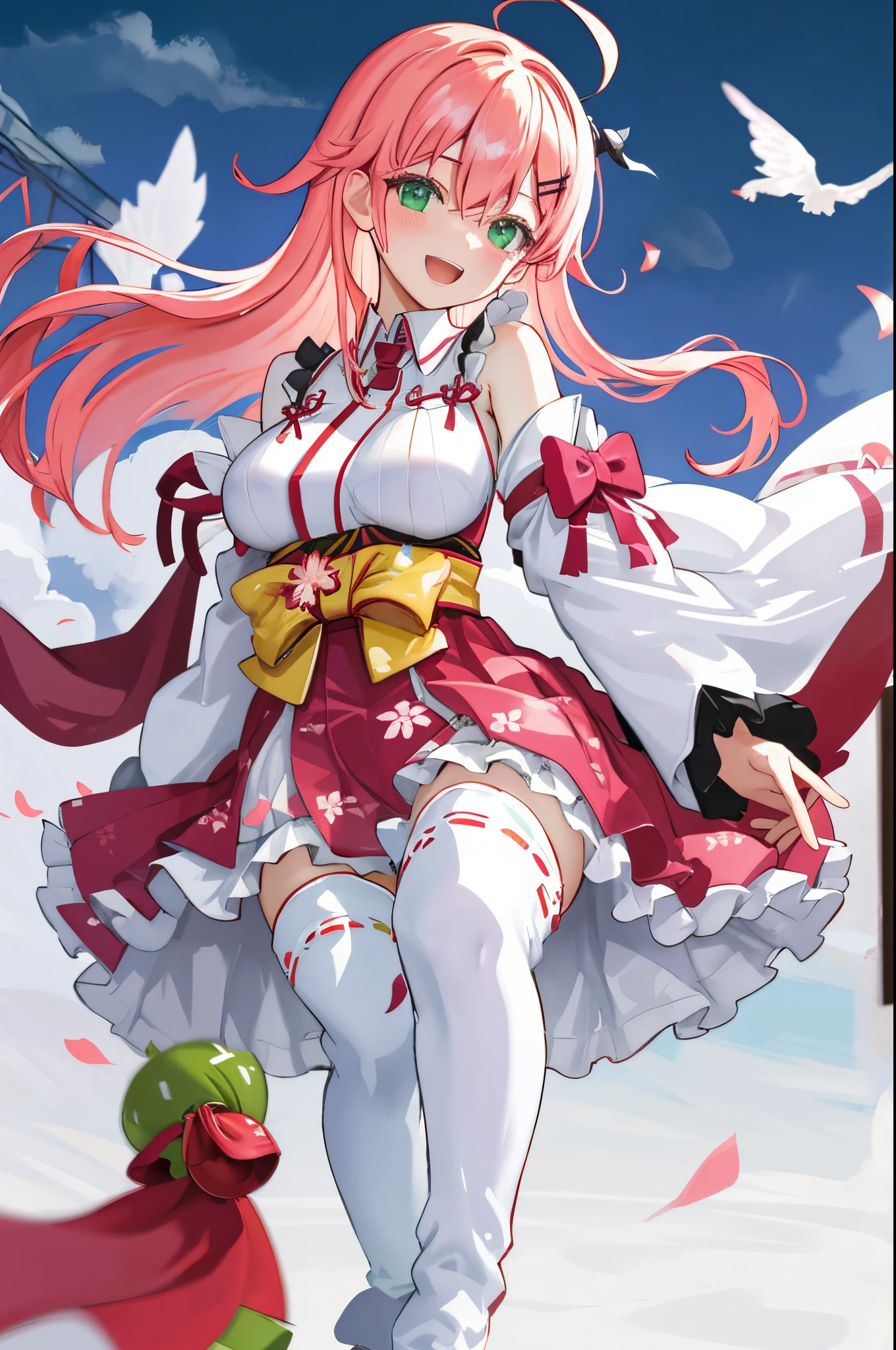 masterpiece, best quality, highres, sakura_miko, 1girl, (loli:1.3),medium_breasts, kimono, solo, ahoge, x_hair_ornament, pink_hair, floral print, hairclip,(side_less_clothes:1.3), (side_breasts:1.3), hair_bell, floral print, long_hair, hair between eyes, one side up, white_thighhighs, wide sleeves, open_mouth,(happy:1.3),green_eyes,smile,apart_legs,(overly_long_sleeves:1.3),),sleeves_past_wrists,hands_hidden_sleeves,sidelock_clothes,solo,hidden_wrists,(XD:1.5),covered_nipples,sunlight,(bare_flank:1.3),boots,open_mouth,kimono,