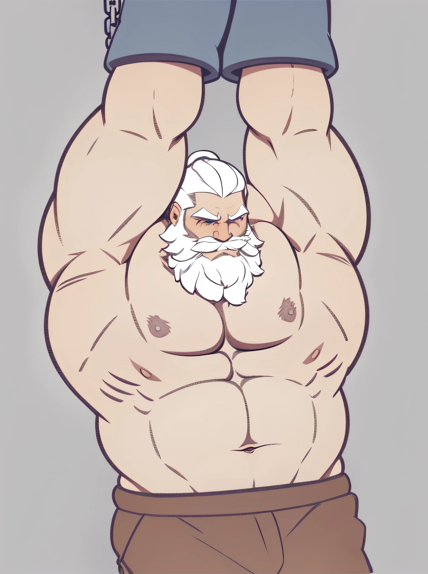 Solo, torso of white bearded shirtless topless old muscular man, his arms up, armpits, his hands chained over his head, gigachad muscular, long and fluffy beard, :: high detail, muscular!, super buff and cool, muscular! white, commission for high res, muscular!!, very buff, white eye brows, strong chest, strong arms, large muscles, muscular, thick waist, big body, tall thick body, wet, wide body, sexual appeal, big blue eyed, man bun hairstyle, chubby belly, white hairy chest, sleeping, in the dark prison