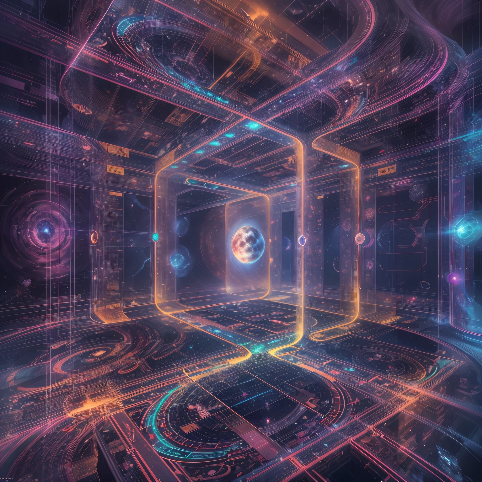 A parallel universe with a hypercube with mass proportional to the universe, 4K, A high resolution, tmasterpiece:1.2), ultra - detailed, (actual,realisticlying,Photorealistic:1.37), A futuristic, glowing, Iridescent, multidimensional, Surreal, vivd colour, complex fractal patterns, complex geometry, ethereallight, Interstellar Travel, The possibilities are endless, puzzling perspective, cosmic energy, otherworldly landscapes, The space-time continuum, Mysterious portal, Exists across dimensions, swirles, Cosmic harmony, otherworldly beauty, technologically advanced civilization, Alien buildings, cosmic entity, Celestial constellations.