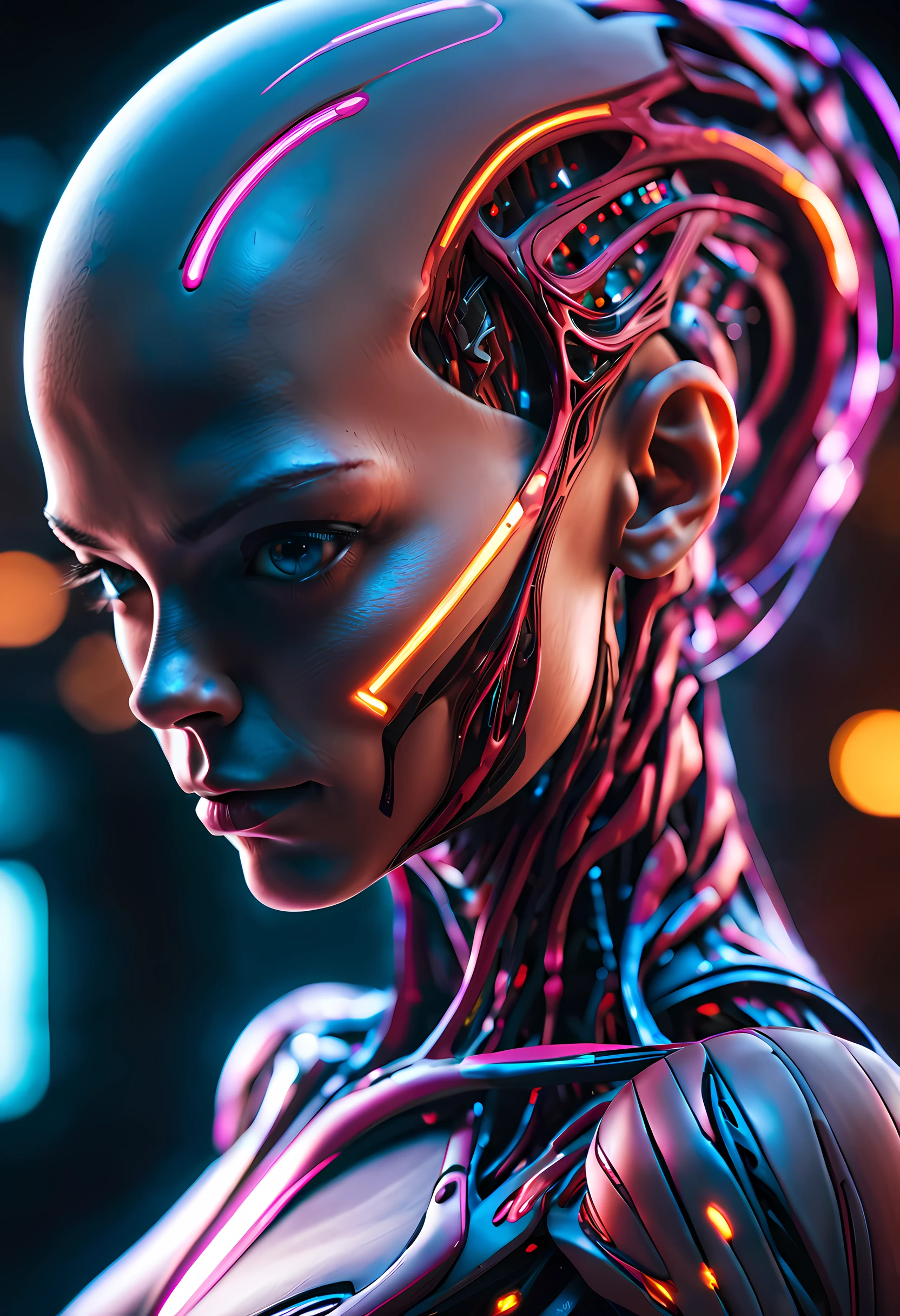 Cinematic, hyper-detailed, and insanely detailed, this artwork captures the essence of a bald hairless muscular female android girl. full body Beautiful color grading, enhancing the overall cinematic feel. Unreal Engine brings her anatomic cybernetic muscle suit to life, appearing even more mesmerizing. With the use of depth of field (DOF), every detail is focused and accentuated, drawing attention to her eyes and the intricate design of the anatomic cybernetic muscle suit . The image resolution is at its peak, utilizing super-resolution technology to ensure every pixel is perfect. Cinematic lighting enhances her aura, while anti-aliasing techniques like FXAA and TXAA keep the edges smooth and clean. Adding realism to the anatomic cybernetic muscle suit, RTX technology enables ray tracing. Additionally, SSAO (Screen Space Ambient Occlusion) gives depth and realism to the scene, the girl's anatomic cybernetic muscle suit become even more convincing. In the post-processing and post-production stages, tone mapping enhances the colors, creating a captivating visual experience. The integration of CGI (Computer-Generated Imagery) and VFX (Visual Effect brings out the anatomic cybernetic muscle suit's intricate features in a seamless manner. SFX (Sound Effects) complement the visual artistry, immersing the viewer further into this fantastic world. The level of detail is awe-inspiring, with intricate elements meticulously crafted, the artwork hyper maximalist and hyper-realistic. Volumetric effects add depth and dimension, and the photorealism is unparalleled. The image is rendered in 8K resolution, ensuring super-detailed visuals. The volumetric lightning adds a touch of magic, highlighting her beauty and the aura of her anatomic cybernetic muscle suit in an otherworldly way. High Dynamic Range (HDR) technology makes the colors pop, adding richness to the overall composition. Ultimately, this artwork presents an unreal portrayal of a super muscled cybernetic female android