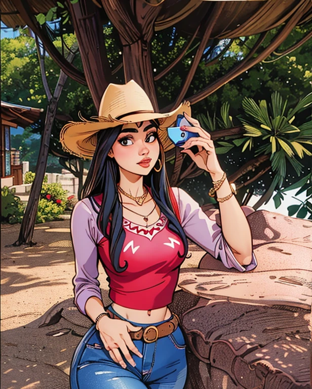 a close-up of a woman wearing a hat and a red blouse, 🤠 usando um 🖥, vaqueira, wearing a chocker and cute hat, 🐎🍑, 19-year-old girl, espiral, with hat, fernanda suarez, Alanis Guillen, ela tem cerca de 1 6 anos de idade, red hat