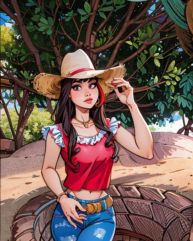 a close-up of a woman wearing a hat and a red blouse, 🤠 usando um 🖥, vaqueira, wearing a chocker and cute hat, 🐎🍑, 19-year-old girl, espiral, with hat, fernanda suarez, Alanis Guillen, ela tem cerca de 1 6 anos de idade, red hat