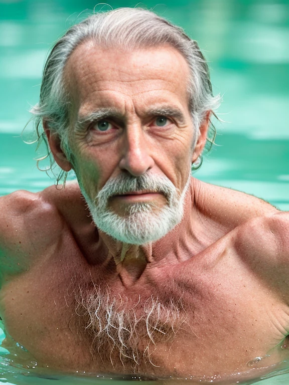 John Glover, An elder with a long beard and white hair, with a serene face wrinkles, looking producing, body older weak, skinny bones hairy, body naked, his shirt was open to reveal his stomach wrinkles older hairy weak and chest, arms legs neck hands feet skinny old and weak, shy and blushed, Lying in the bath swimming pool,master-piece,4K images,beste-Qualit