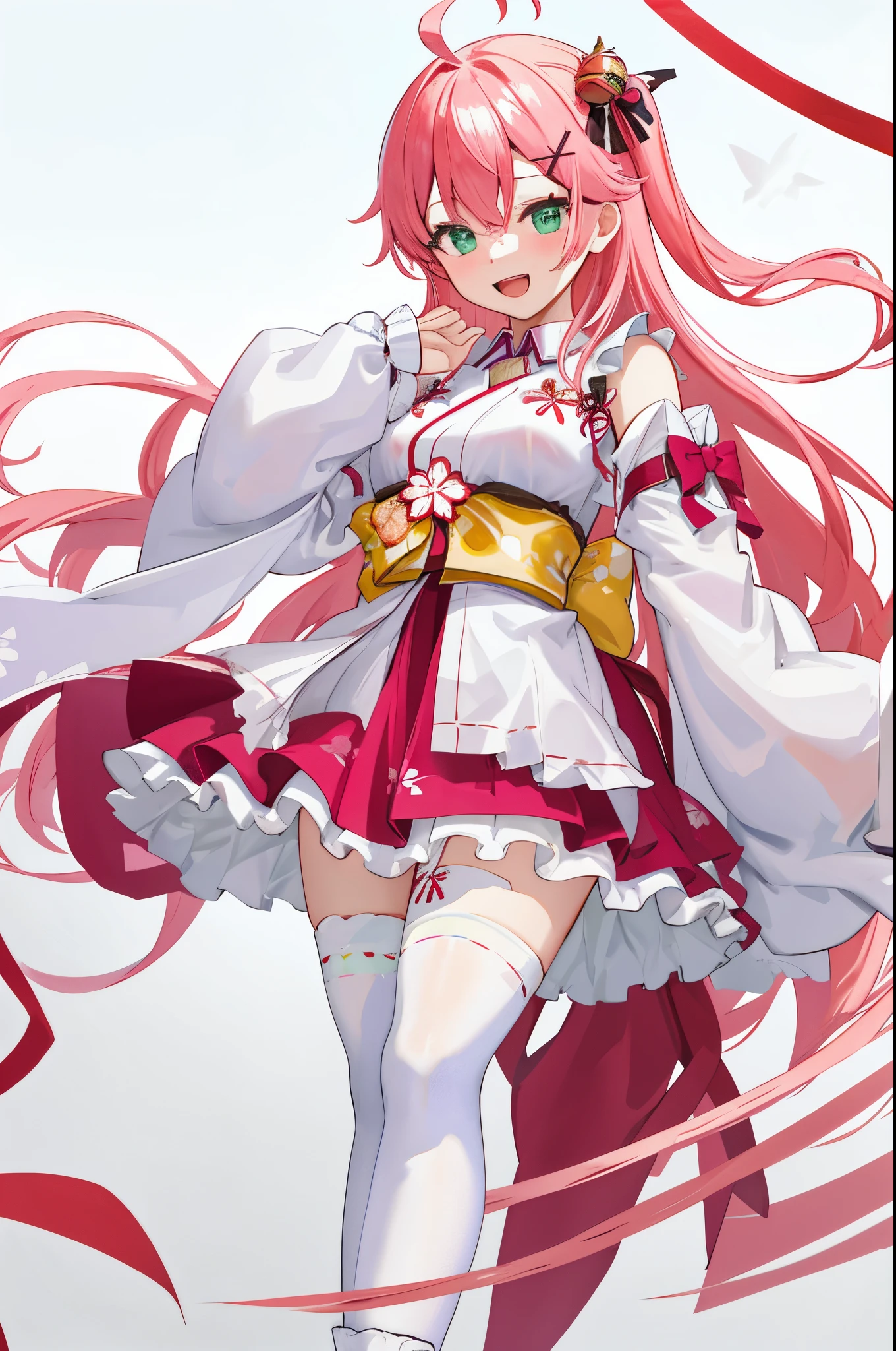 masterpiece, best quality, highres, sakura_miko, 1girl, (loli:1.3),medium_breasts, kimono, solo, ahoge, x_hair_ornament, pink_hair, floral print, hairclip,(side_less_clothes:1.3), (side_breasts:1.3), hair_bell, floral print, long_hair, hair between eyes, one side up, white_thighhighs, wide sleeves, open_mouth,(happy:1.3),green_eyes,smile,apart_legs,(overly_long_sleeves:1.3),),sleeves_past_wrists,hands_hidden_sleeves,sidelock_clothes,solo,hidden_wrists,(XD:1.5),covered_nipples,sunlight,(bare_flank:1.3),boots,open_mouth,kimono,