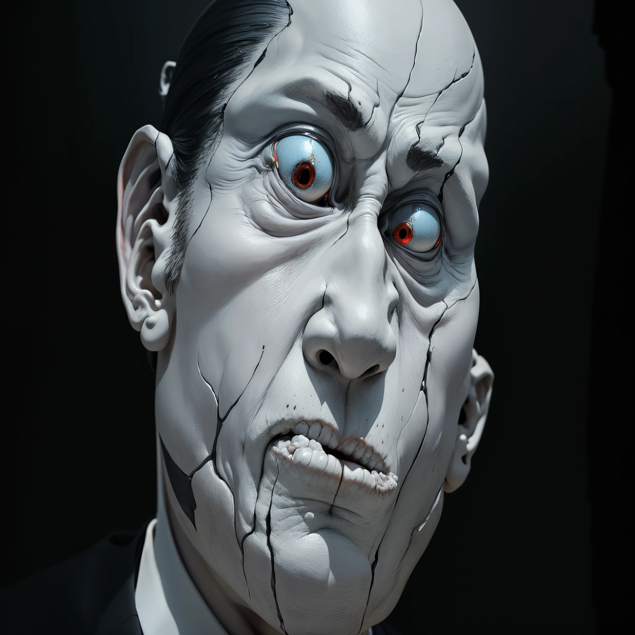 Ara of a man wearing a tie and suit々Shishi Head, Realistic 8K Bernini sculpture, highly detailed vfx portrait of, Digital Sculpture, extreme detailed face and body, closeup of face melting, cracked porcelain face, An ultra - realstic face, 3d portrait, Hipper Realistic 3D Sculpture, An ultra - realstic face, Ultra-realistic head, subsurface scattering skin