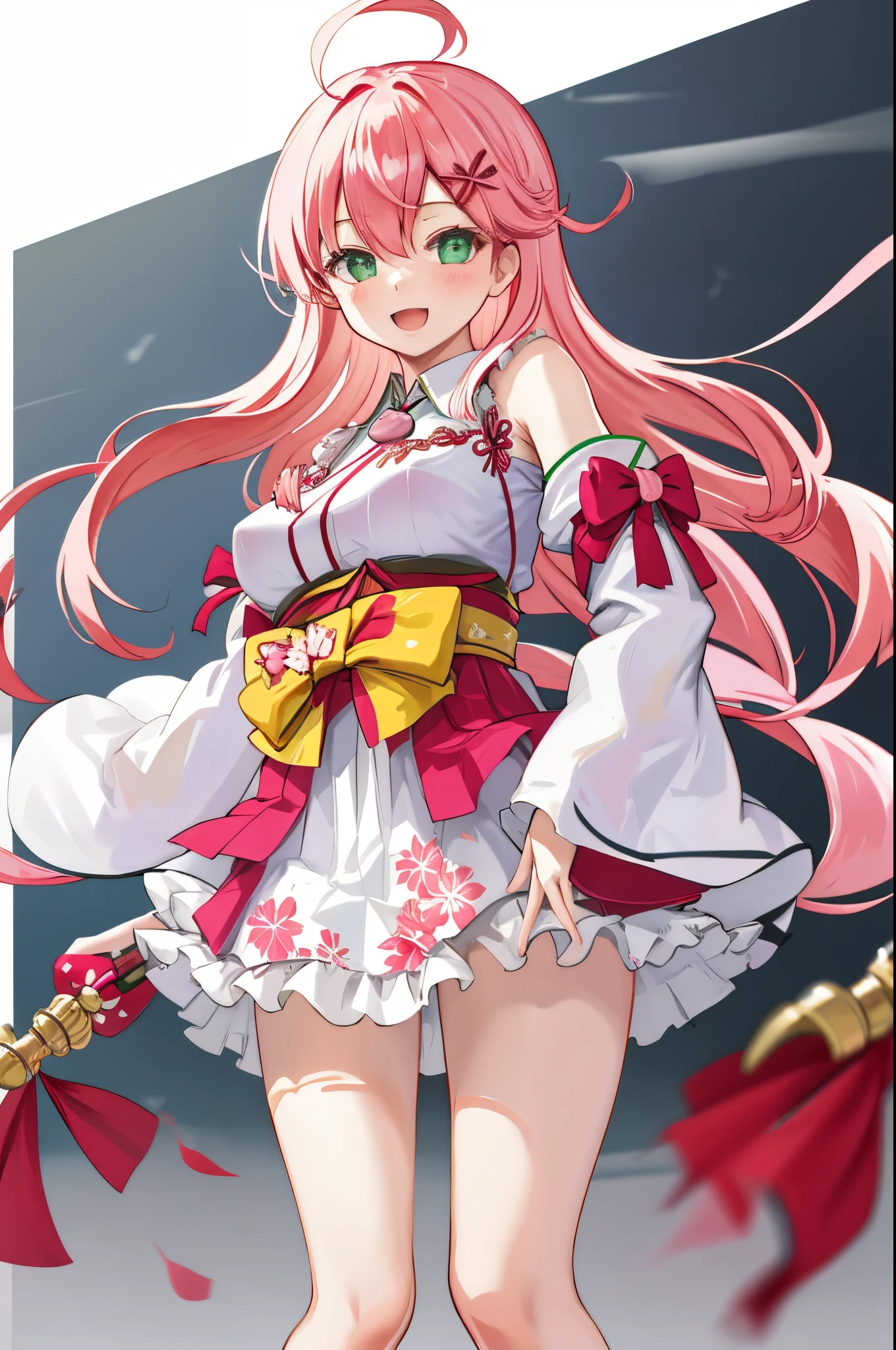 masterpiece, best quality, highres, miko1, sakura_miko, 1girl, big_boobs, solo, ahoge, x_hair_ornament, pink_hair, floral print, hairclip,(side_less_clothes:1.5), (side_boobs:1.5), hair_bell, floral print, long_hair, hair between eyes, one side up, white thighhighs, asymmetrical legwear, wide sleeves, open_mouth,(happy:1.3),green_eyes,big_smile,(raise_leg:1.3),plump,apart_legs,(overly_long_sleeves:1.3),),sleeves_past_wrists,hands_hidden_sleeves,sidelock_clothes,solo,hidden_wrists,(XD:1.5),covered_nipples,plump,sunlight,(bare_flank:1.3)