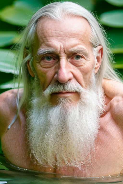 An elder with a long beard and white hair, with a serene face wrinkles, looking producing, body older weak, skinny bones hairy, body naked, his shirt was open to reveal his stomach wrinkles older hairy weak and chest, arms legs neck hands feet skinny old and weak, shy and blushed, Lying in the sea,water lily,Closed eyes,master-piece,4K images,beste-Qualit