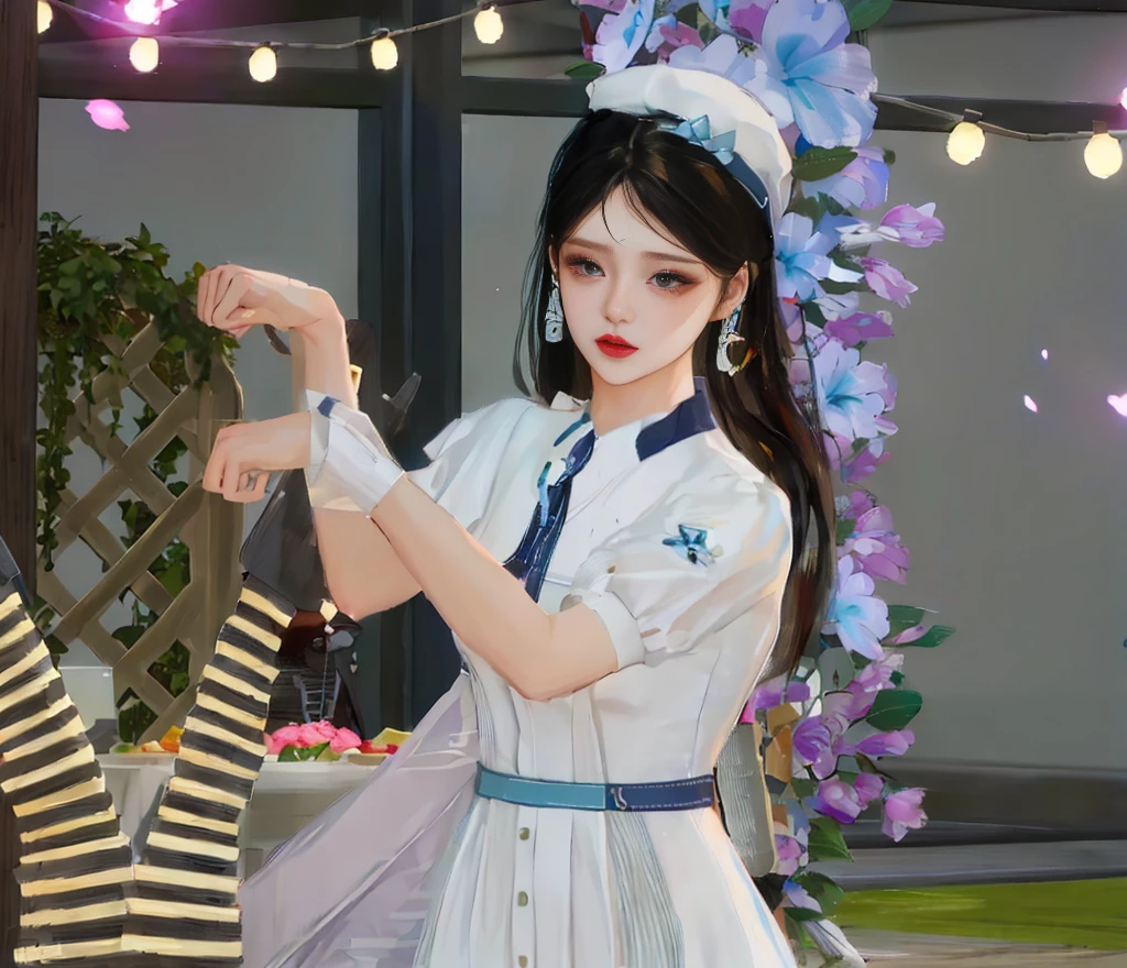 there is a woman in a white dress and a blue and white dress, inspired by Sim Sa-jeong, full body xianxia, inspired by Pu Hua, fashion gameplay screenshot, trending at cgstation, trending on cgstation, maid outfit, 8 k character details, azur lane style, natural foto