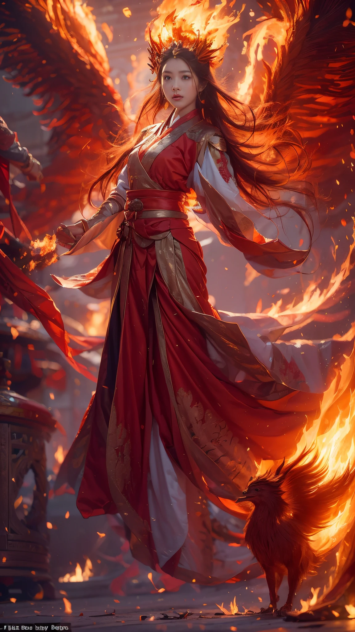 (Full body portrait), 1girll,half korean and japanese girl, (((very cute girl, 17 years old, white skin))), Flame mage dressed in fiery red(Chinese Hanfu), The robe was embroidered with intricate runes and ornamentudes a burning breath, He was tall and strong,Hands up,Powerful fire spells are being unleashed, His eyes were firm and sharp,A flash of fire flashed in his eyeehind the Flame Mage,(Phoenix on top of photo, Burning phoenix),(A huge flame phoenix spread its wings and flew:1.2),(The feathers of the phoenix burned with roaring flames), It shines brightly,Its body is surrounded by flamelame feathers danced,Form a spectacular flaming six-pointed star array pattern,Full of mysterious magic,The whole scene is full of fiery aura and passion for fighting,Large areas of flame spells bloomed in the air,A brilliant arc of flame and flying sparks formed,(Flame Mage and Phoenix),It appears majestic and mysterious in the midst of raging fires,Like the embodiment of fire and magic,red hair,high detal,ultra-realistic realism,Verism,((Bust photo)),(real photograph:1.4),(lightand shade contrast),cinmatic lighting,Realistic special effects,rendering by octane,Ray traching,in a panoramic view,angle of view,textureskin,super detailing,hyper HD,tmasterpiece,anatomy correct,best qualtiy,A high resolution,8K