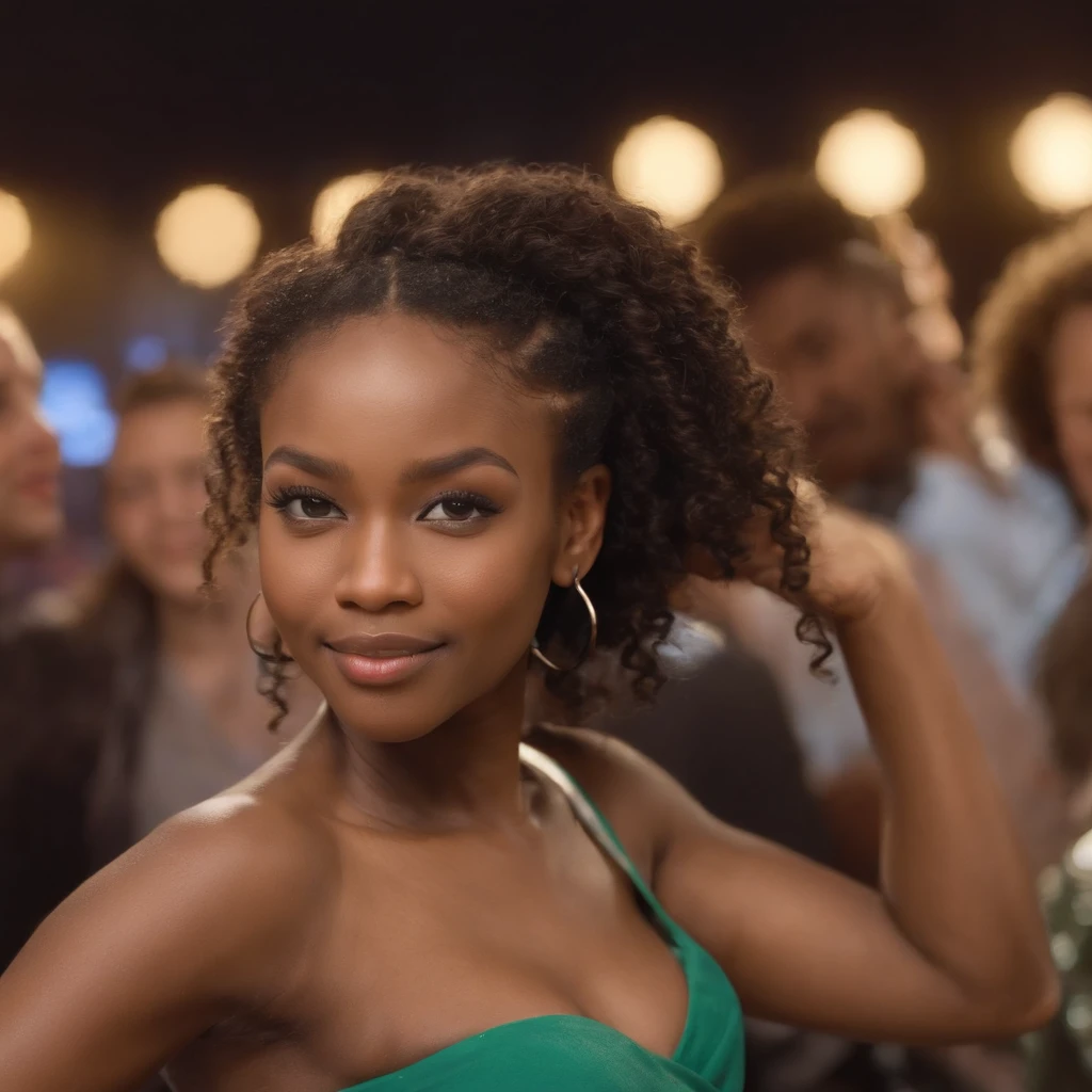 ((Dark African skin, Very deep ebony skin)), ((Its beauty undeniable)), ((Excited cute face)), ((Hyper detailed perfect eyes,)), ((pose mignonne)), ((Langue sortie)), ((Seductive )), sexy, ((dark green shirt, jeans)), ((Afro ponytail with long African curly hair,)), (( peau)), ((debout, vue de face)), ((toucher ses propres jambes dans une pose sexy)), ((dancing, The Hague, winter, cold, party, club, Ville publique, people in the background, disco lights)), Sharp Focus CGI, photoreallistic, High detail, Realstic, Masterpiece, absurdes, Best quality, Hdr, High quality, high-definition, Extremely detailed, 8k wallpaper, Intricate details, 8K UHD, Full-HD, (photo realist:1.2), contraste, intense illumination, lighting cinematic, natural lighting, veilleuse, Nuit, Illumination globale, Laughing out loud, a la piscine African women、Female sexy、people, the hague