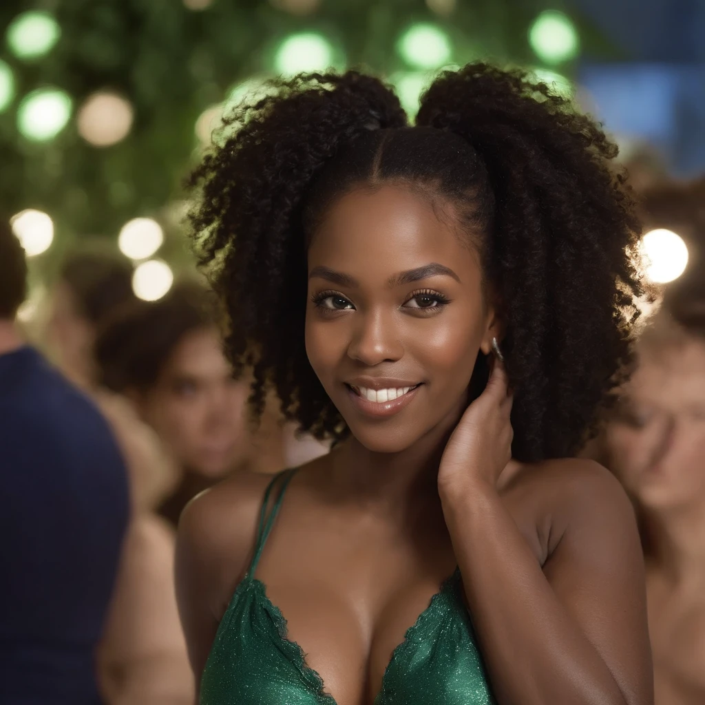 ((Dark African skin, Very deep ebony skin)), ((Its beauty undeniable)), ((Excited cute face)), ((Hyper detailed perfect eyes,)), ((pose mignonne)), ((Langue sortie)), ((Seductive )), sexy, ((dark green shirt, jeans)), ((Afro ponytail with long African curly hair,)), (( peau)), ((debout, vue de face)), ((toucher ses propres jambes dans une pose sexy)), ((dancing, The Hague, winter, cold, party, club, Ville publique, people in the background, disco lights)), Sharp Focus CGI, photoreallistic, High detail, Realstic, Masterpiece, absurdes, Best quality, Hdr, High quality, high-definition, Extremely detailed, 8k wallpaper, Intricate details, 8K UHD, Full-HD, (photo realist:1.2), contraste, intense illumination, lighting cinematic, natural lighting, veilleuse, Nuit, Illumination globale, Laughing out loud, a la piscine African women、Female sexy、people, the hague