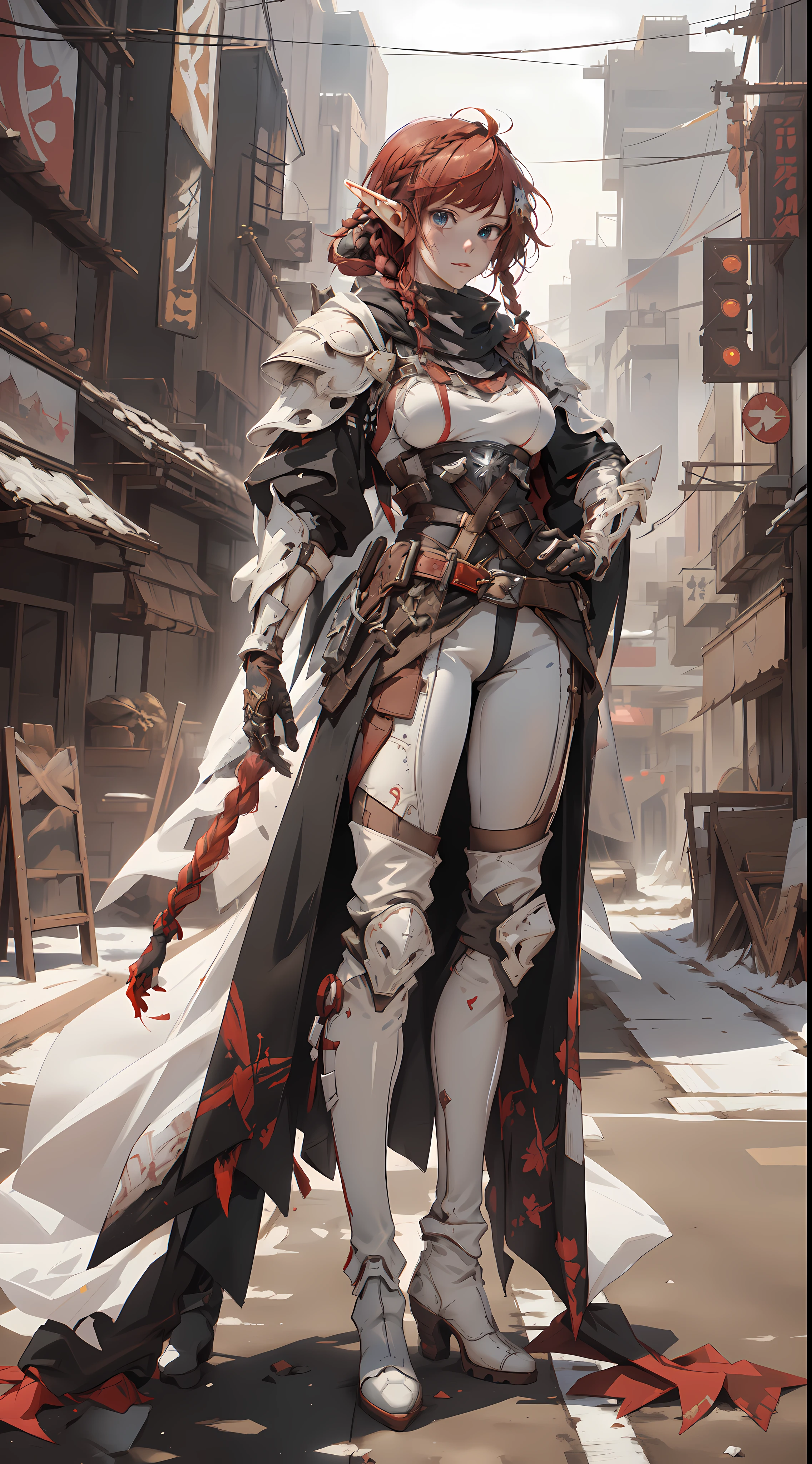 (((masterpiece, best quality))), (elf), (1girl), solo, Bangs, red braid hair,(beautiful detailed face:1.2), ((dessertpunk X white armor)),long black glovelack pantyhoses,Handsome standing with white boots, art style by Artgerm, by Kawacy, By Yusuke Murata