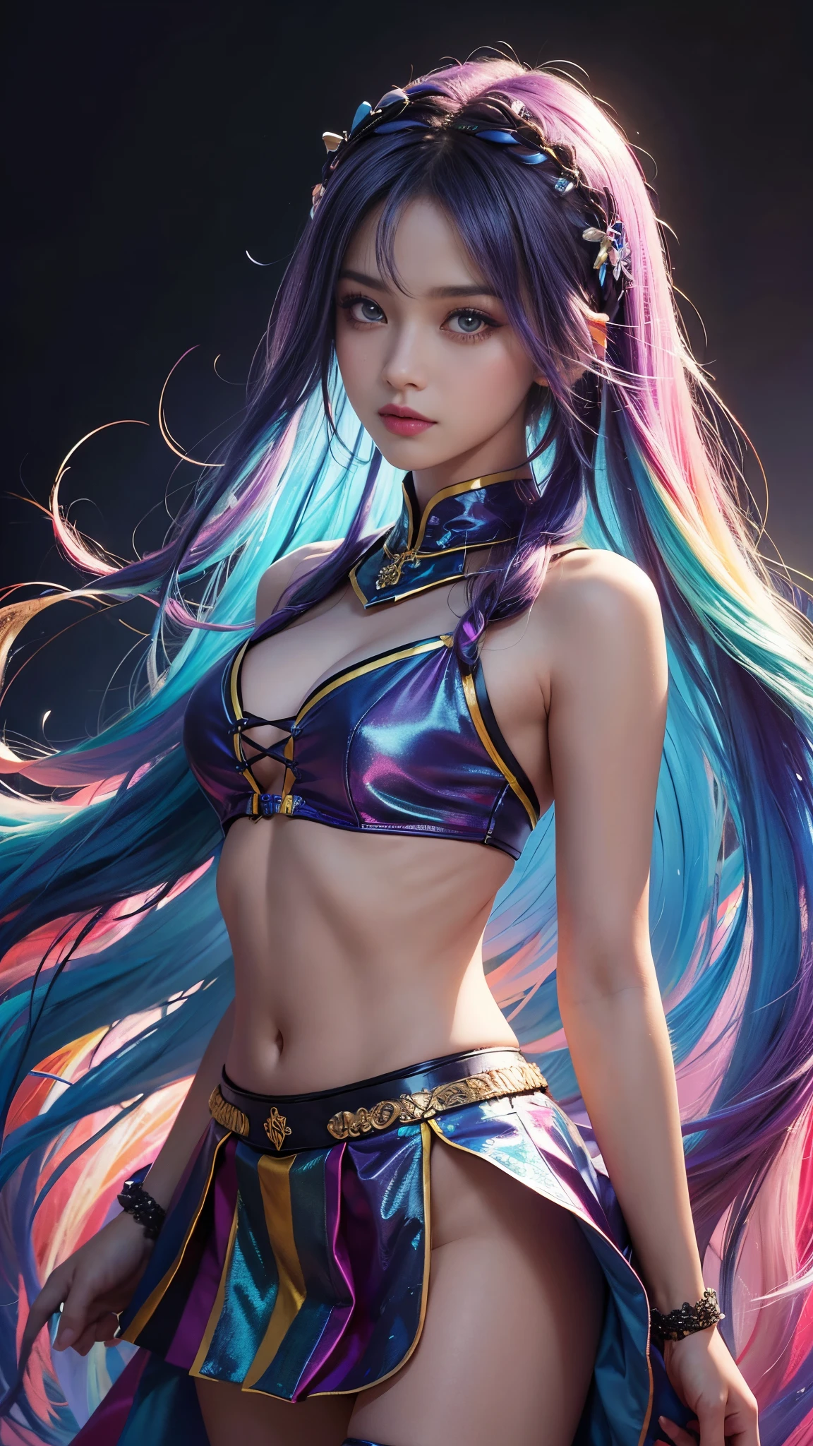 model shoot, (1 girl), long hair, rainbow hair, Islamic warrior, rainbow outfit, laces, shining:1.5, hyper realistic, super detailed, Dynamic shot, masterpiece, scene sharp détails, perfect eyes, perfect skin, perfect hands, attractive poses,