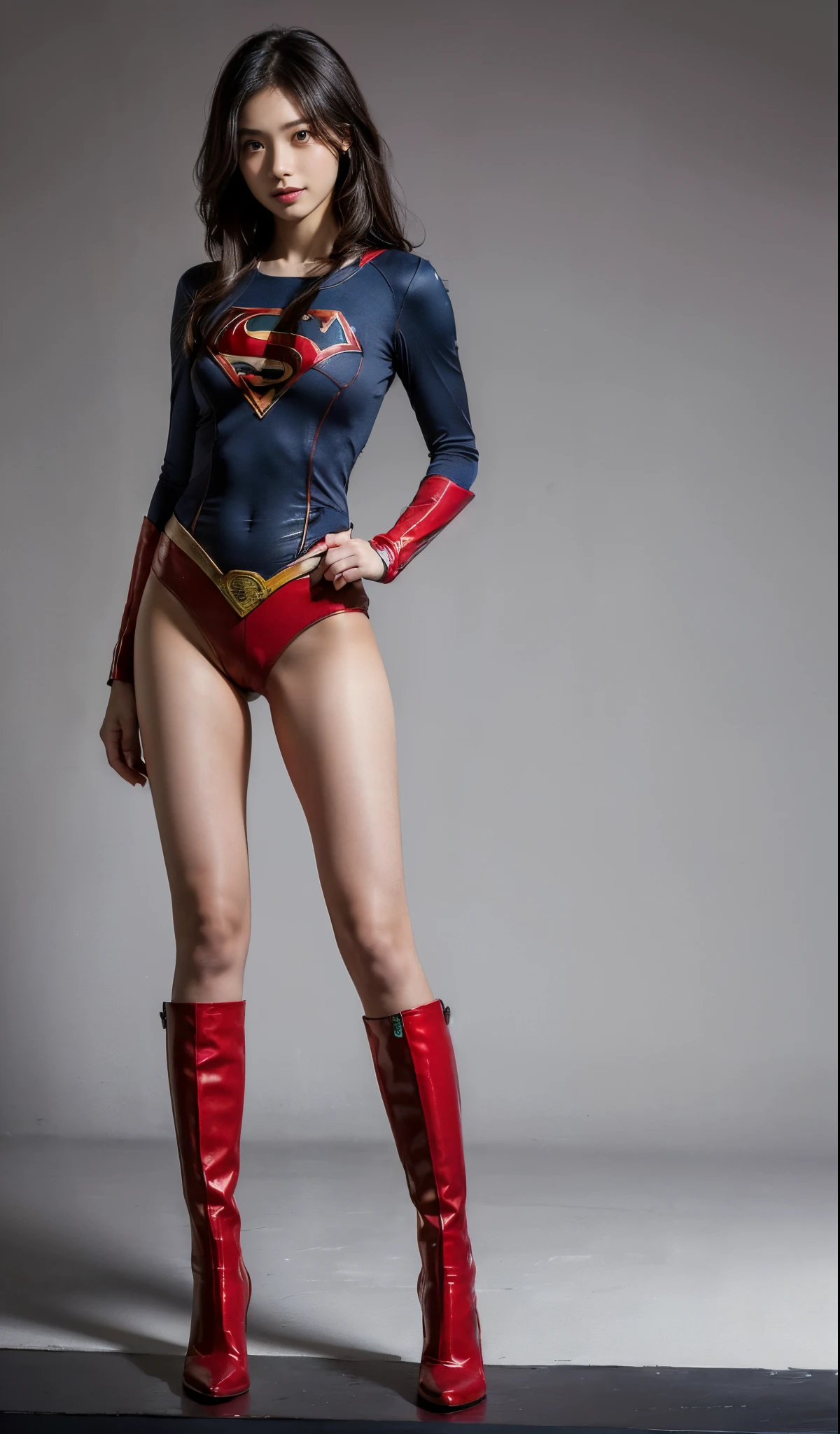 Hairstyles are shortcuts、(((Wear black tights on your beautiful legs.)))、(((Grow legs、tall、Legally express the beauty of your smile)))、((((Make the most of the original image)))、(((Supergirl Costume)))、(((beautiful hairl)))、(((Suffering)))、(((Feet must necessarily be worn with black tights)))、(((You need to wear red boots)))、((Top image quality、8K))、((top-quality、8K、masterpiece:1.3))、(((Keep Background )))、Crisp focus:1.2、Beautiful woman with perfect body shape:1.4、Slender Abs:1.2、a wet body:1.5、Highly detailed facial and skin texture、8K