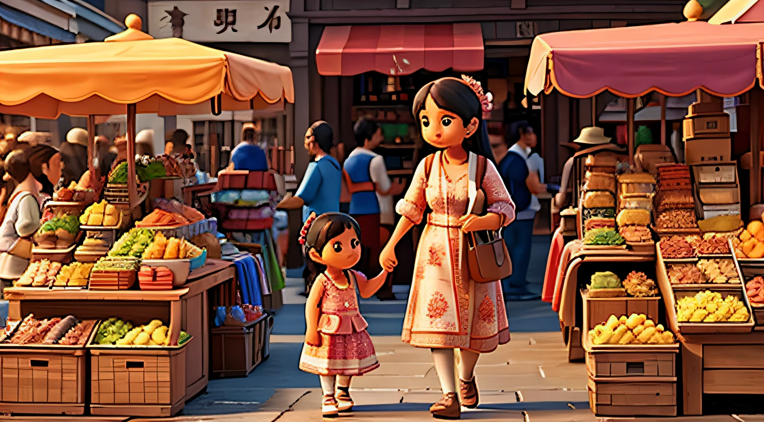 Visualize Lily and her mother navigating through crowded streets lined with bustling market stalls. The scene is filled with a kaleidoscope of colors as merchants display their diverse wares.