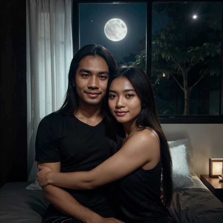 handsome indonesian man with shoulder length hair wearing a black t-shirt sleeping hugging a beautiful Indonesian woman wearing a dress, smiling, window, realistic, full body, bed, night scene, room lights, moon, trees, blue clouds, face facing the viewer, daytime scene  , Ultra graphics, night light, Intricate details, realistic, beautiful views, HD 8K details