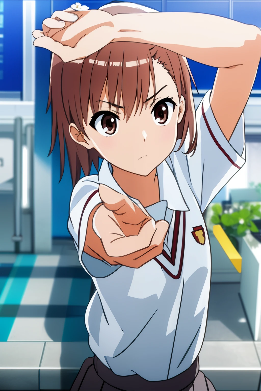 ​masterpiece, top-quality, Misaka_mikoto, Brown-eyed, Short hair, tiny chest, 独奏, Closed mouth, Collared shirt, School uniform, The shirt, white  shirt, white flower decoration in hair, ‎Classroom, (Realistic), (Photorealistic), 1girl in, Looking at Viewer, angry, upper bod, (Reaching out:1.3)