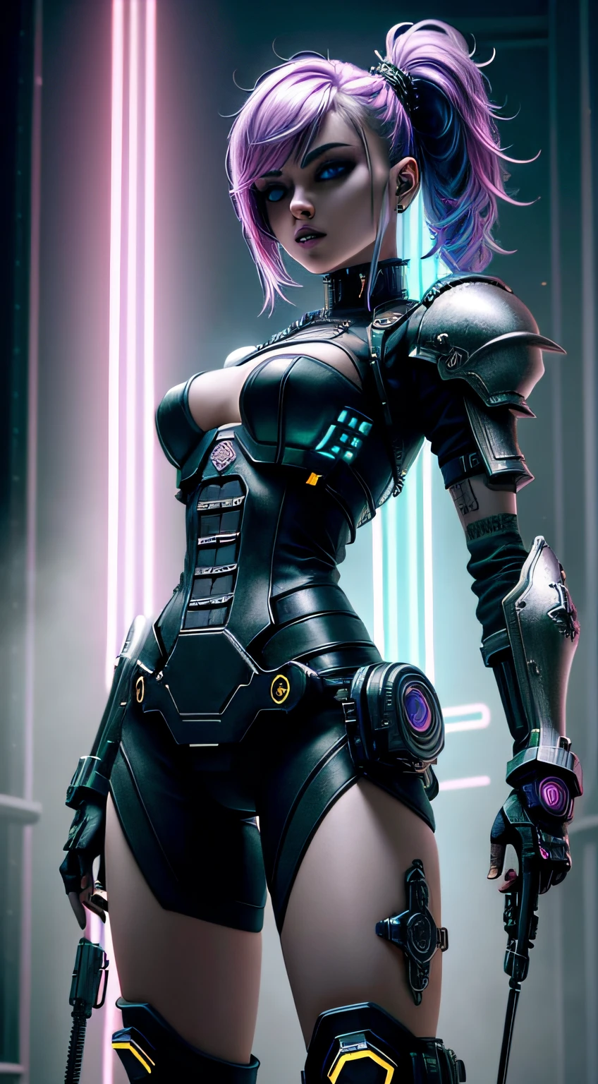 (Alcohol ink illustration with intricate details:1.3), (Intricate details blend sci-fi and clockpunk architecture:1.1), Futuristic neon glow, ((Detail of android girl in pastel goth punk armor:1.3)), hold a futuristic gun, ((A world that combines the atmosphere of the Middle Ages and science fiction.:1.2)), Science fiction atmosphere, Paint like a still image like a movie, movie angle and lighting, Stunning 32k rendering, High contrast, shaped rendering, nffsw, High quality, Best Quality, of the highest quality, A touch of smooth beauty, High resolution,